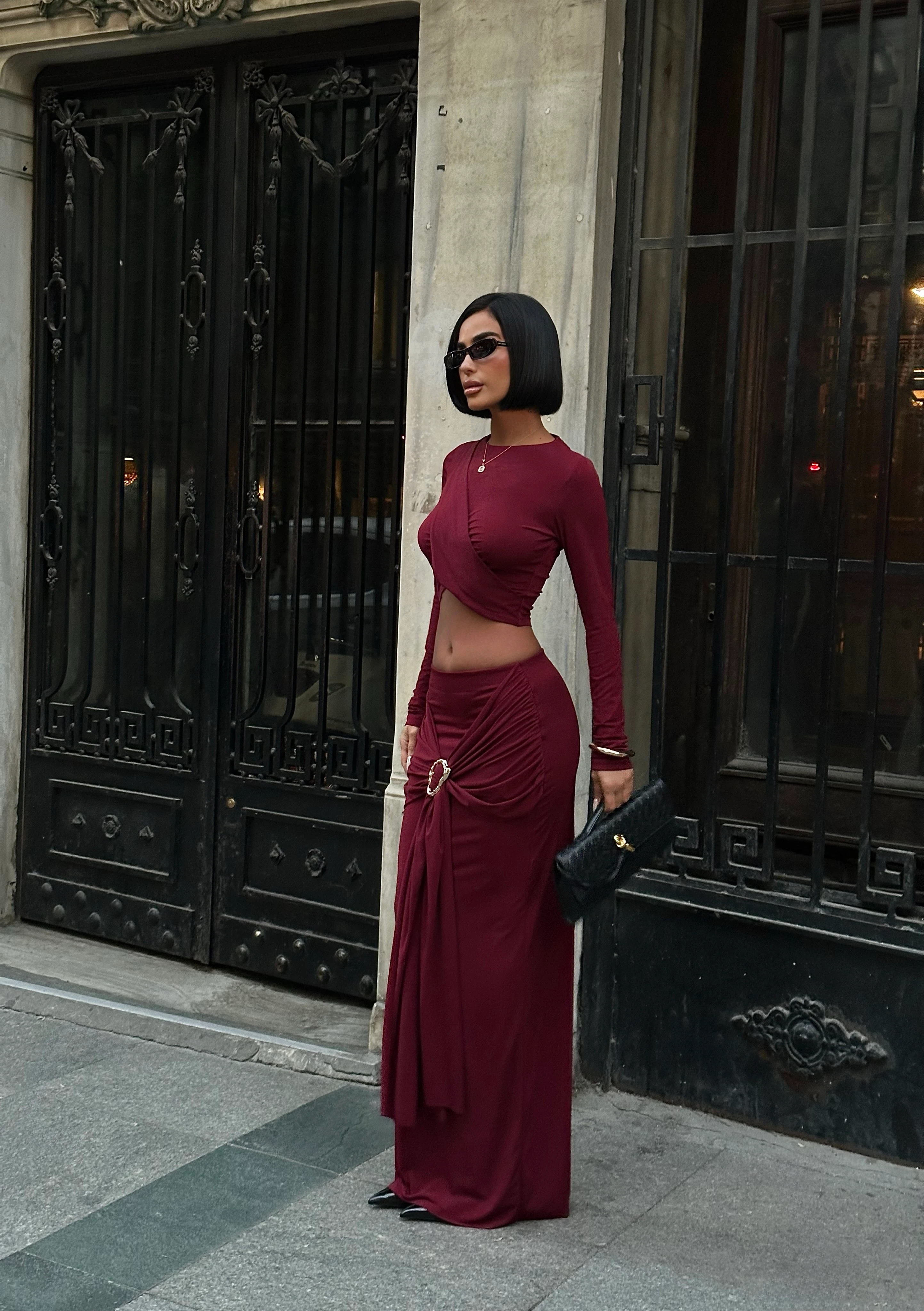 CROP UZUN KOL BLUZ - BEL LASTİK ÖN BAĞLAMALI ETEK