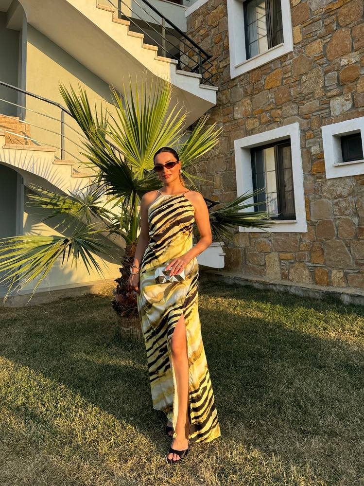 İP ASKILI YIRTMAÇ DETAYLI ELBİSE