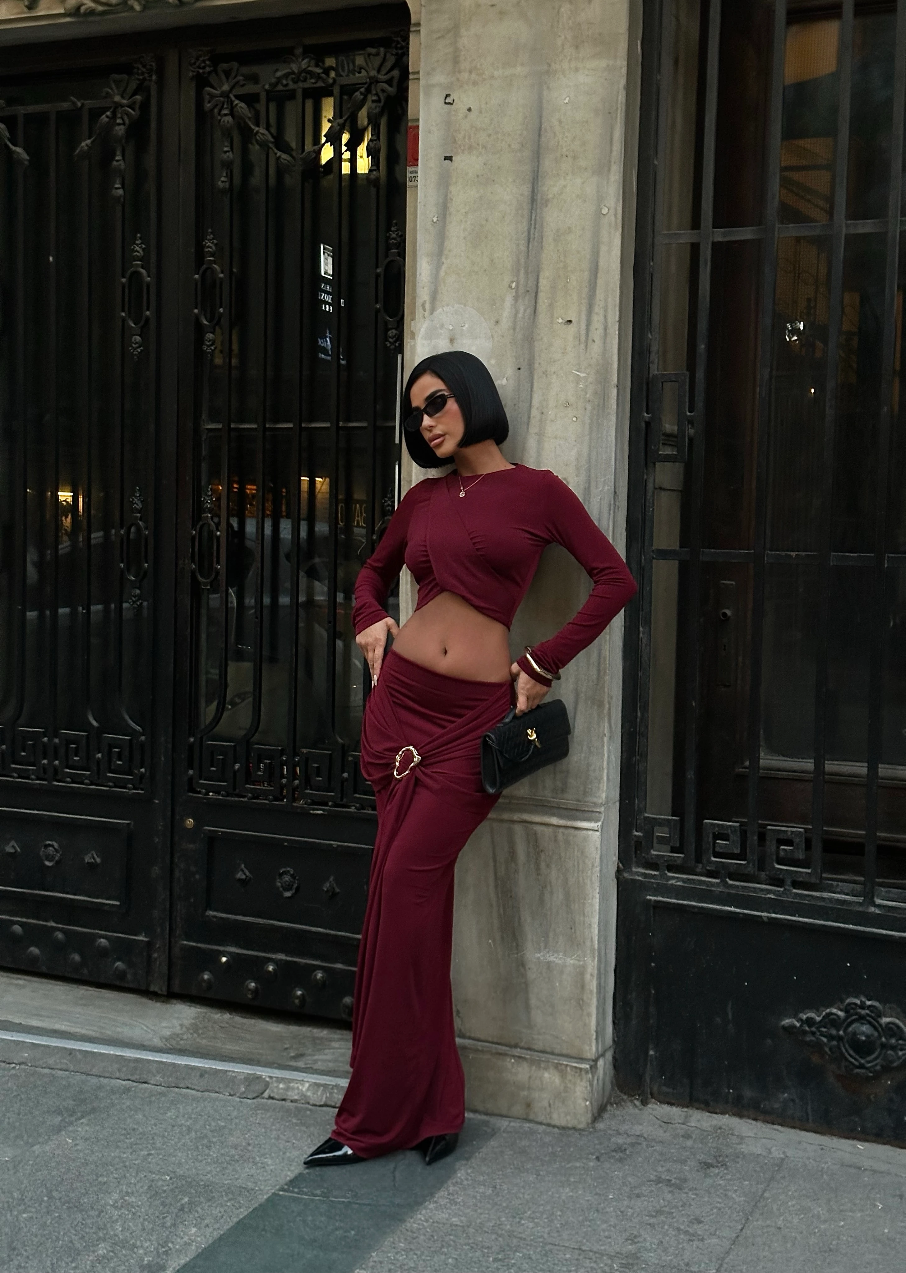 CROP UZUN KOL BLUZ - BEL LASTİK ÖN BAĞLAMALI ETEK