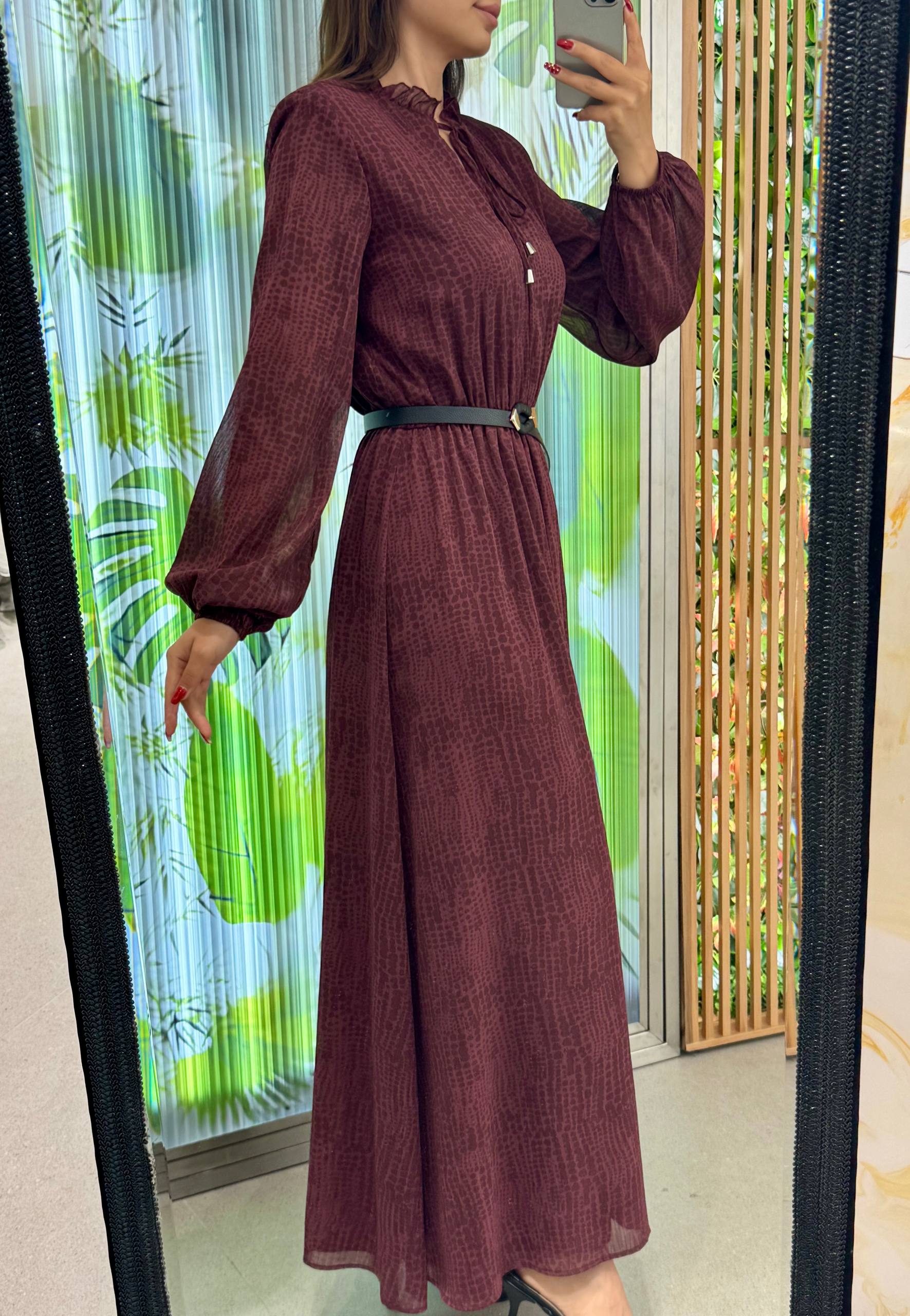 FIRFIRLI BAĞLAMALI YAKA UZUN KOLLU ELBİSE