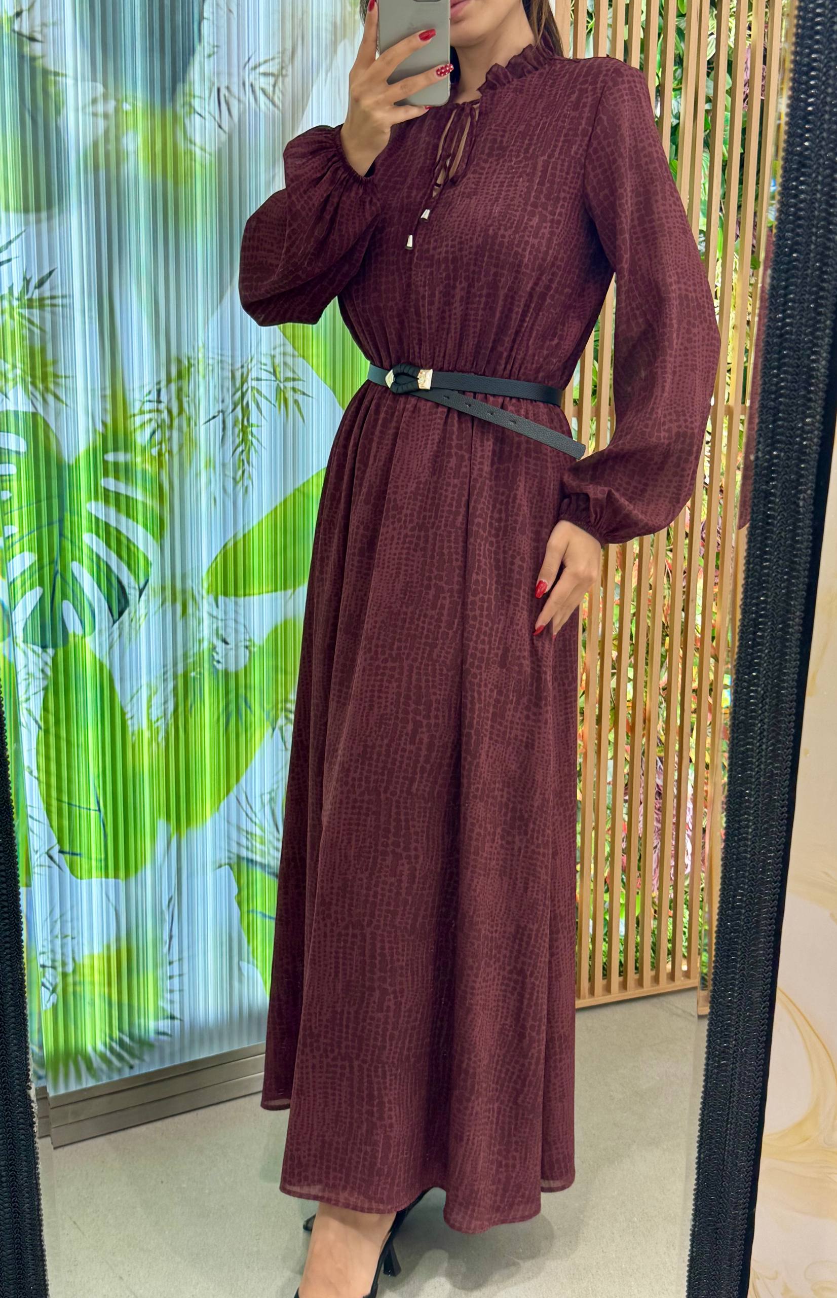 FIRFIRLI BAĞLAMALI YAKA UZUN KOLLU ELBİSE