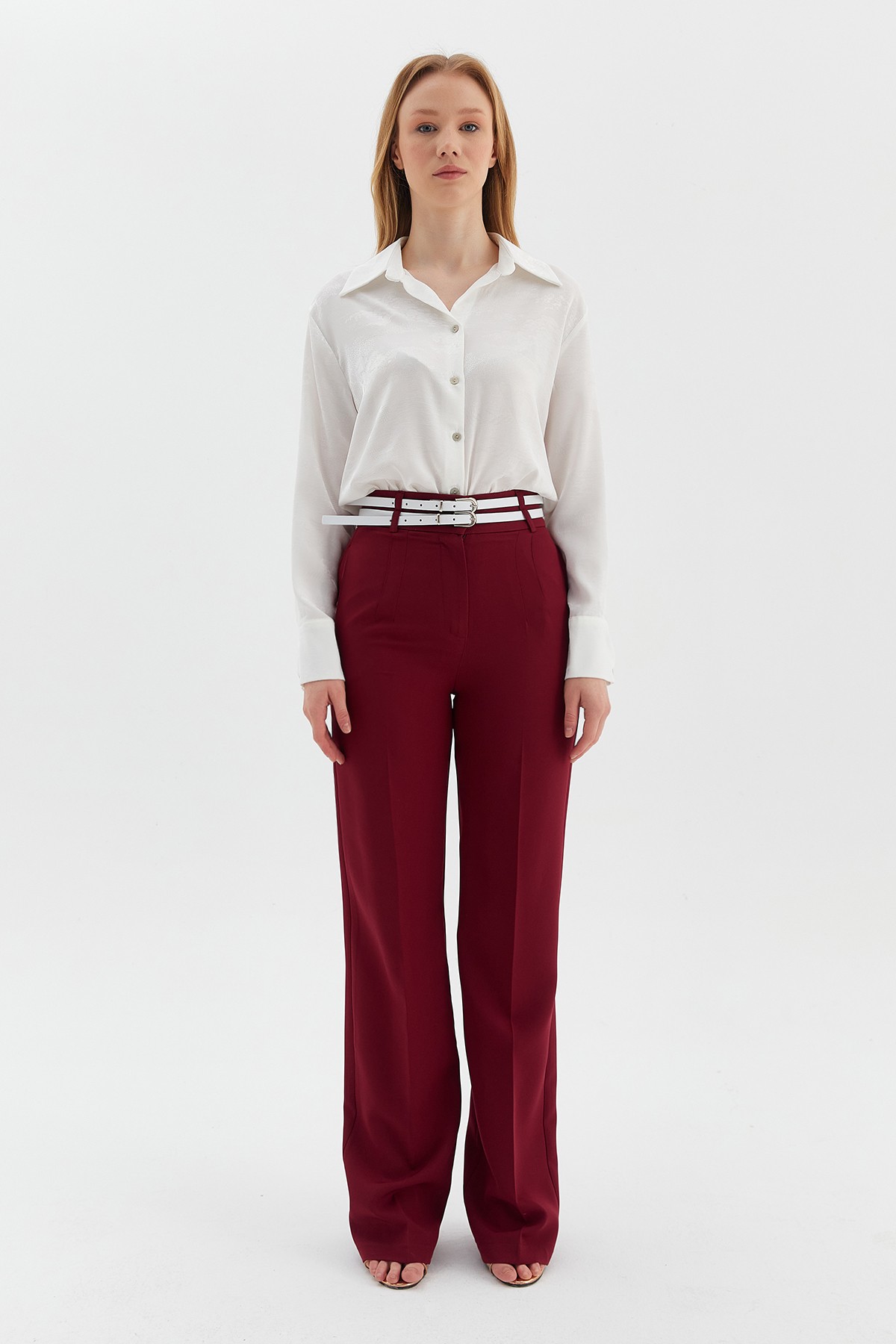 KEMERLİ BOL PAÇA PANTOLON - BORDO