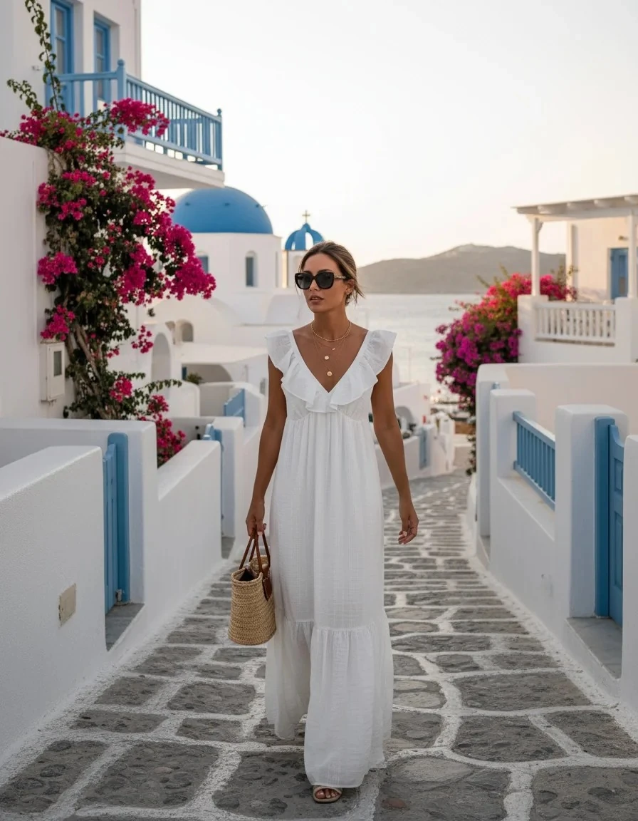 VOLANLI V YAKA DETAYLI ASKILI ELBİSE