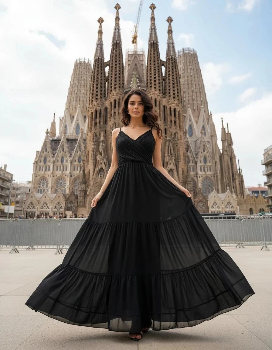 DEKOLTE PİLELİ ETEK DETAYLI ASKILI ELBİSE