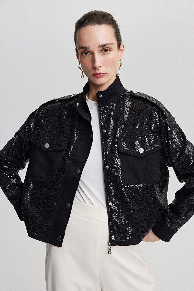 YÜKSEK YAKA PUL PAYET MİNİ CEKET