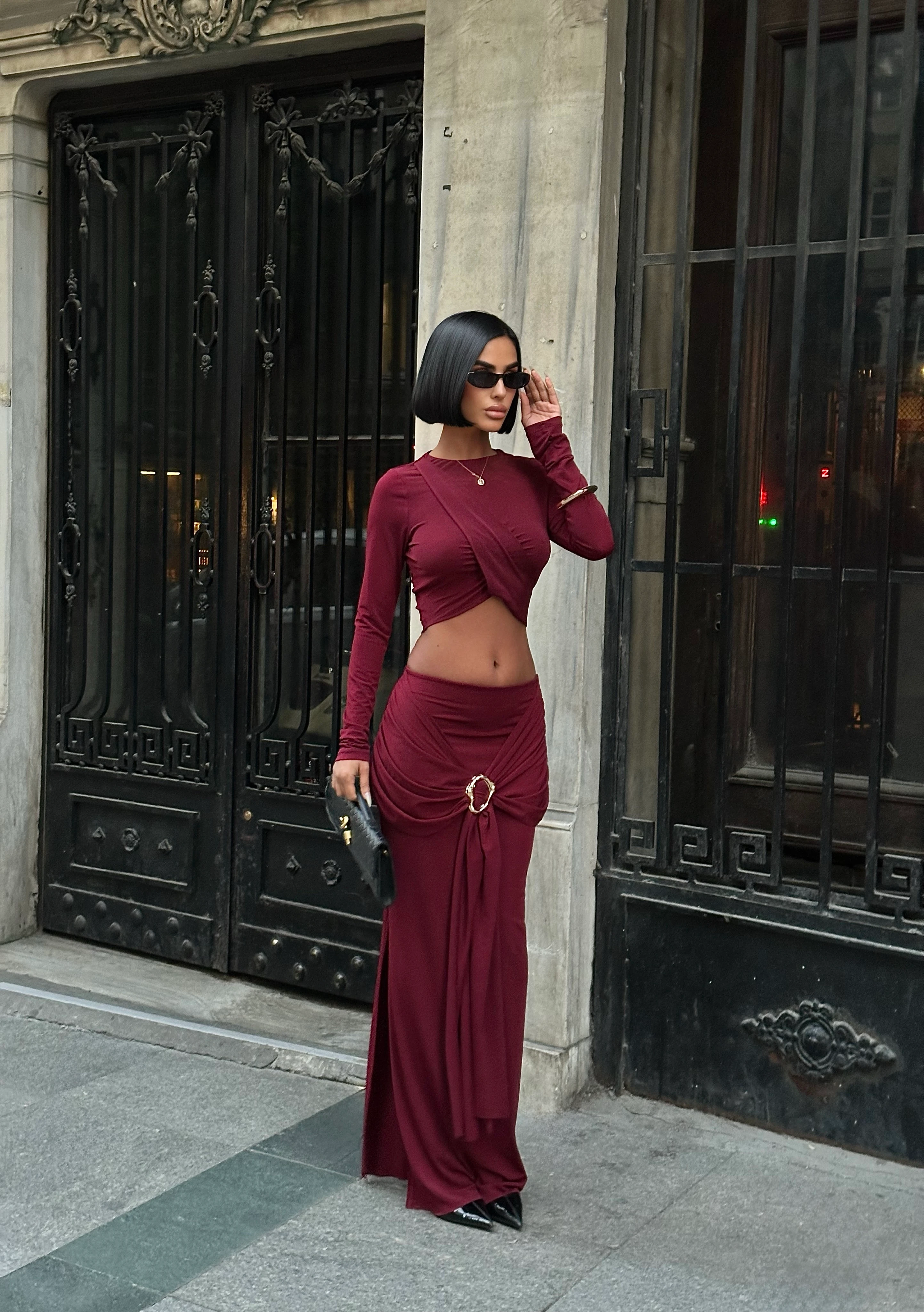 CROP UZUN KOL BLUZ - BEL LASTİK ÖN BAĞLAMALI ETEK