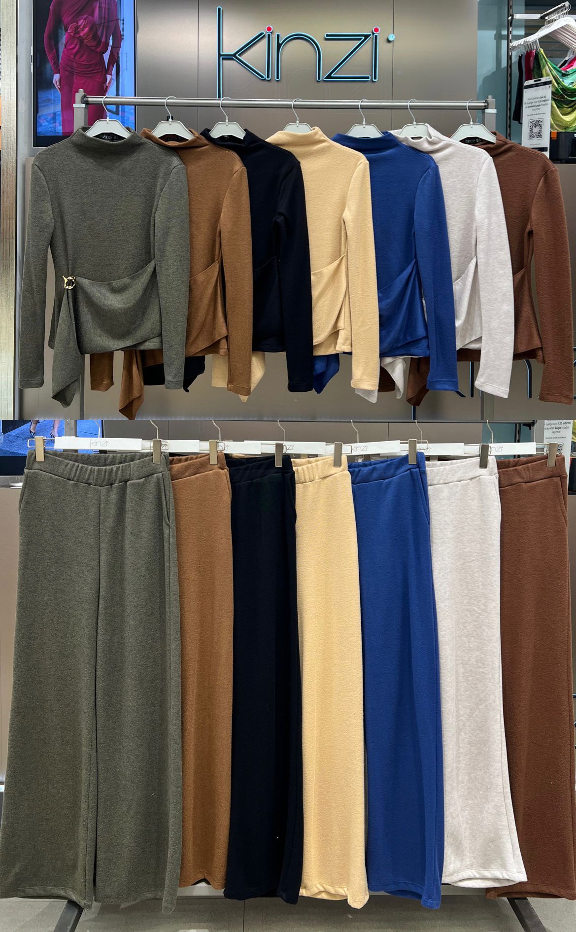 YÜKSEK YAKA YAN DÜŞÜK ŞAL BLUZ - BEL LASTİK SALAŞ PANTOLON   