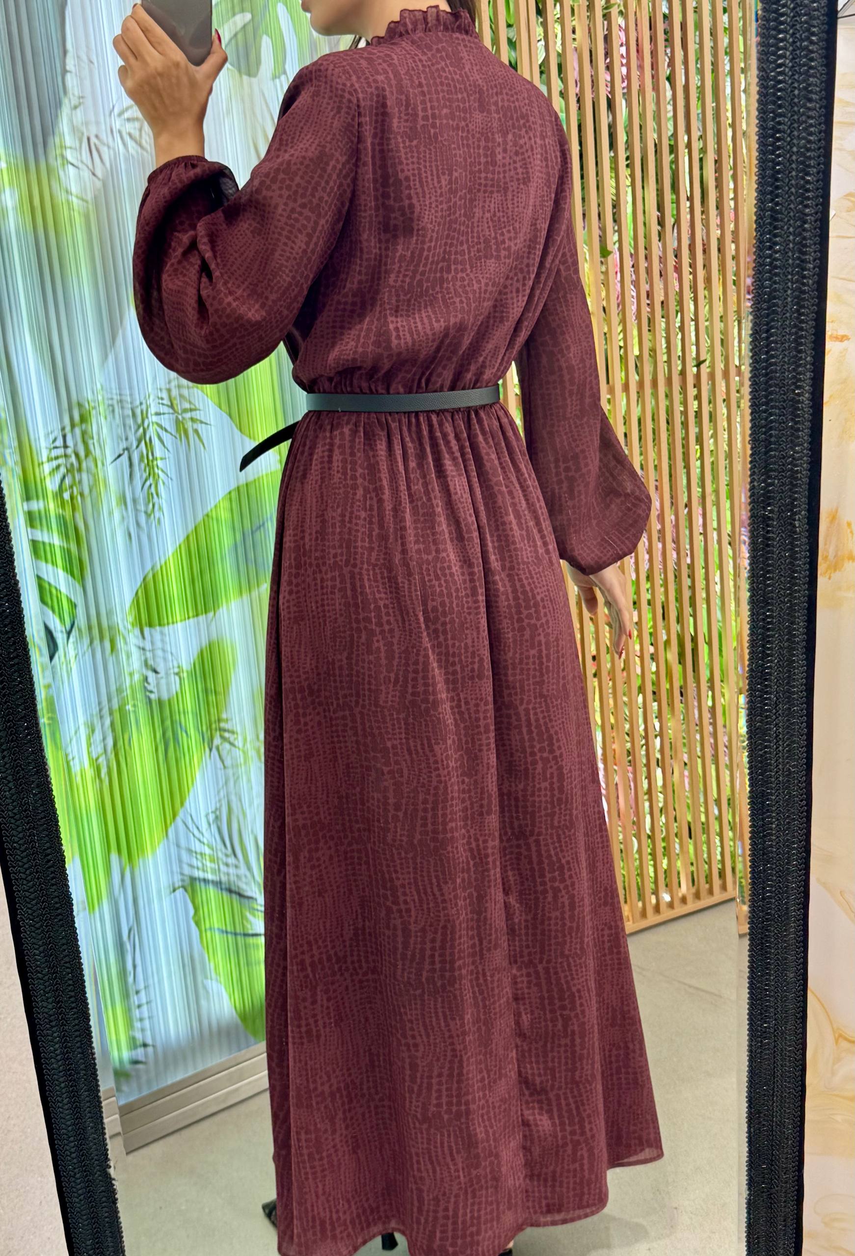 FIRFIRLI BAĞLAMALI YAKA UZUN KOLLU ELBİSE