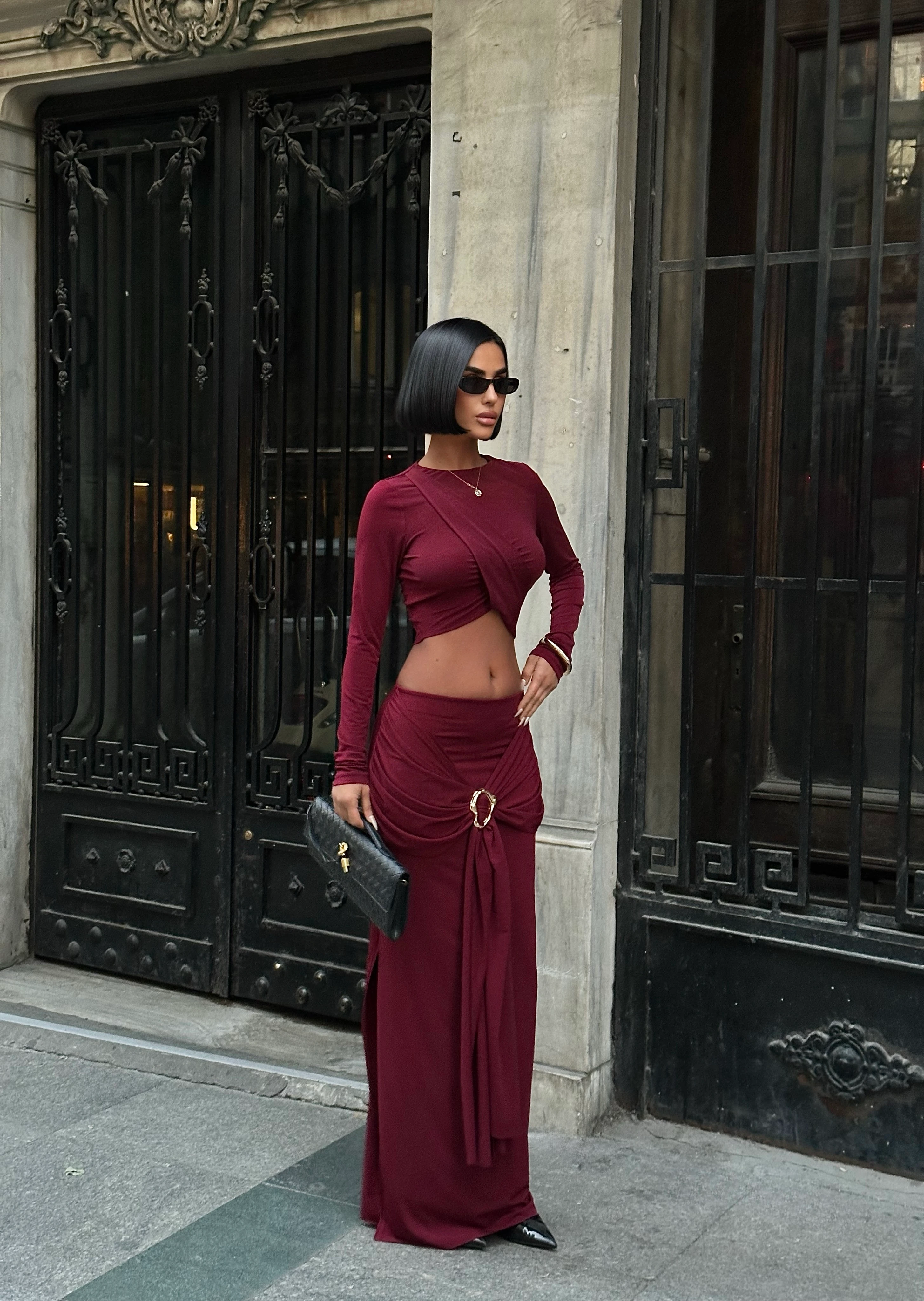 CROP UZUN KOL BLUZ - BEL LASTİK ÖN BAĞLAMALI ETEK