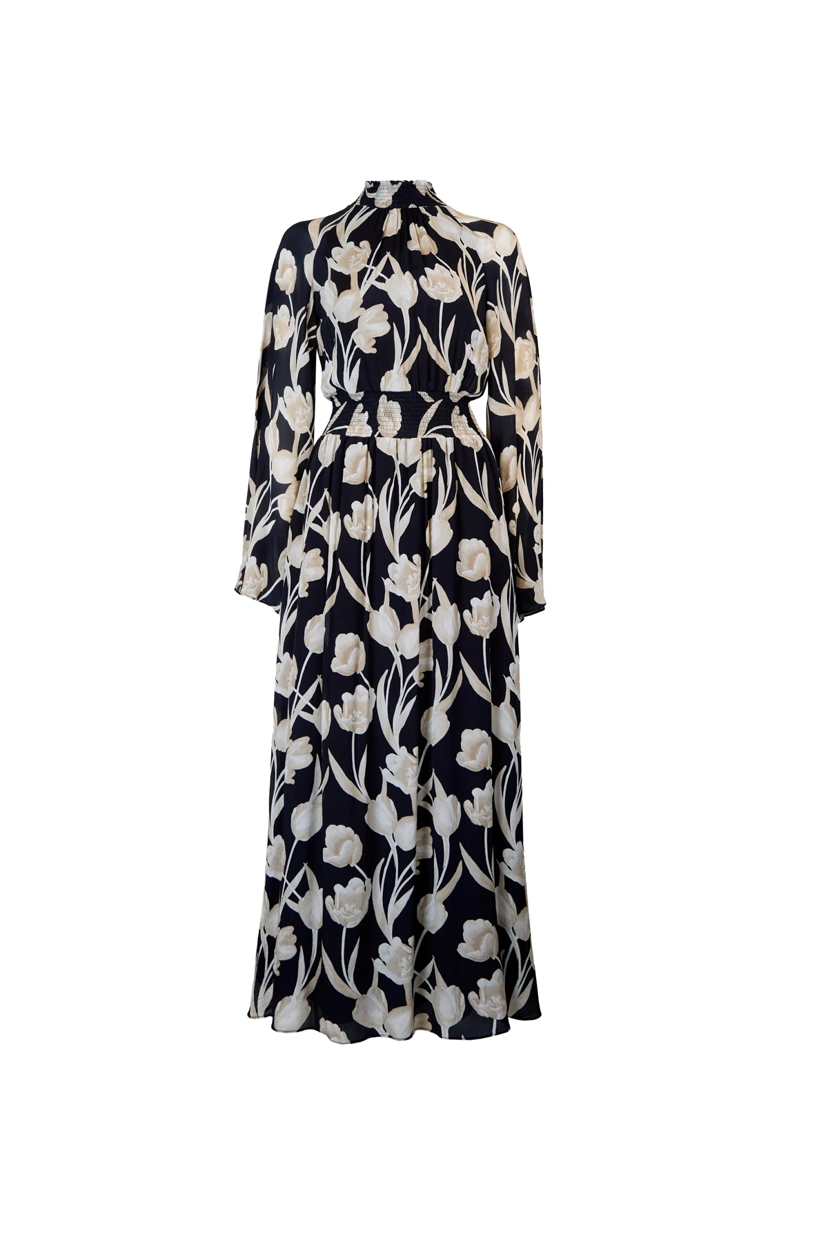 Desenli Beli Lastikli Uzun Elbise