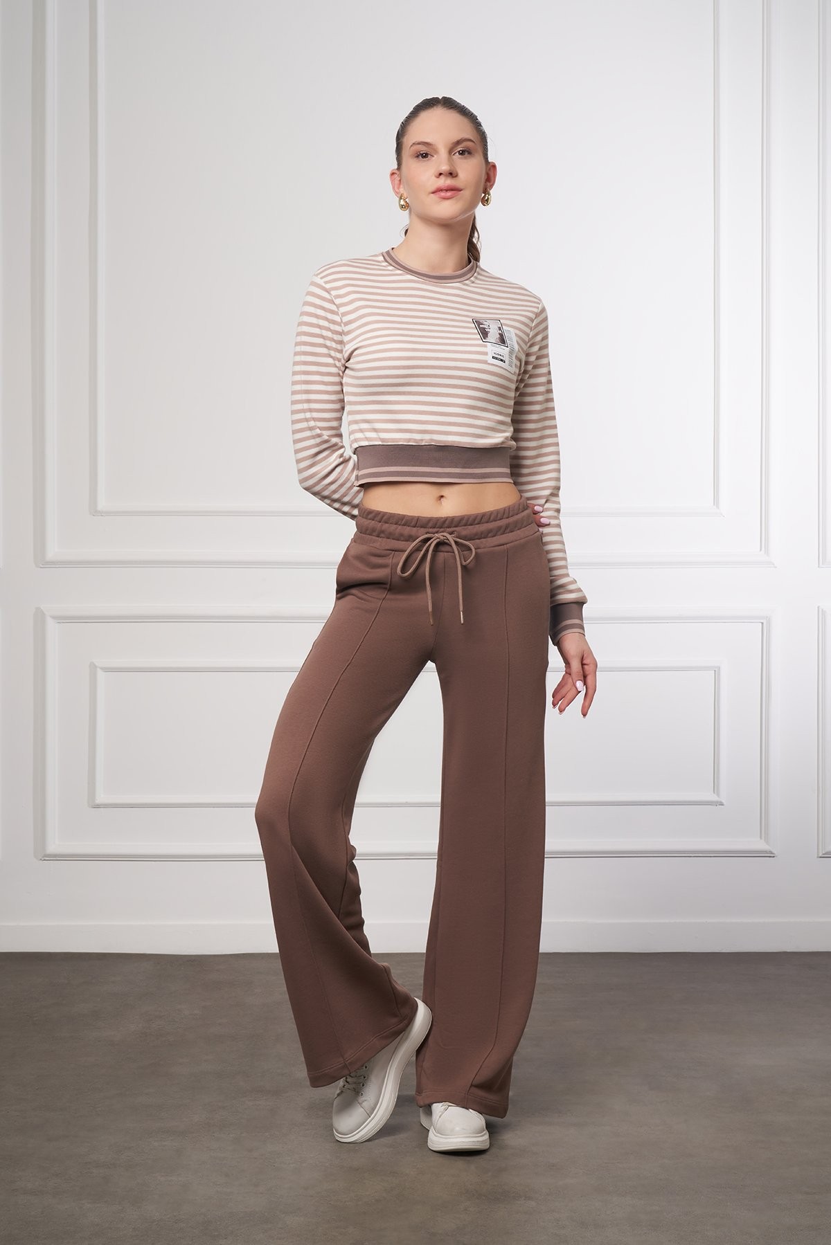 Çizgili Uzun Kollu Crop Bluz