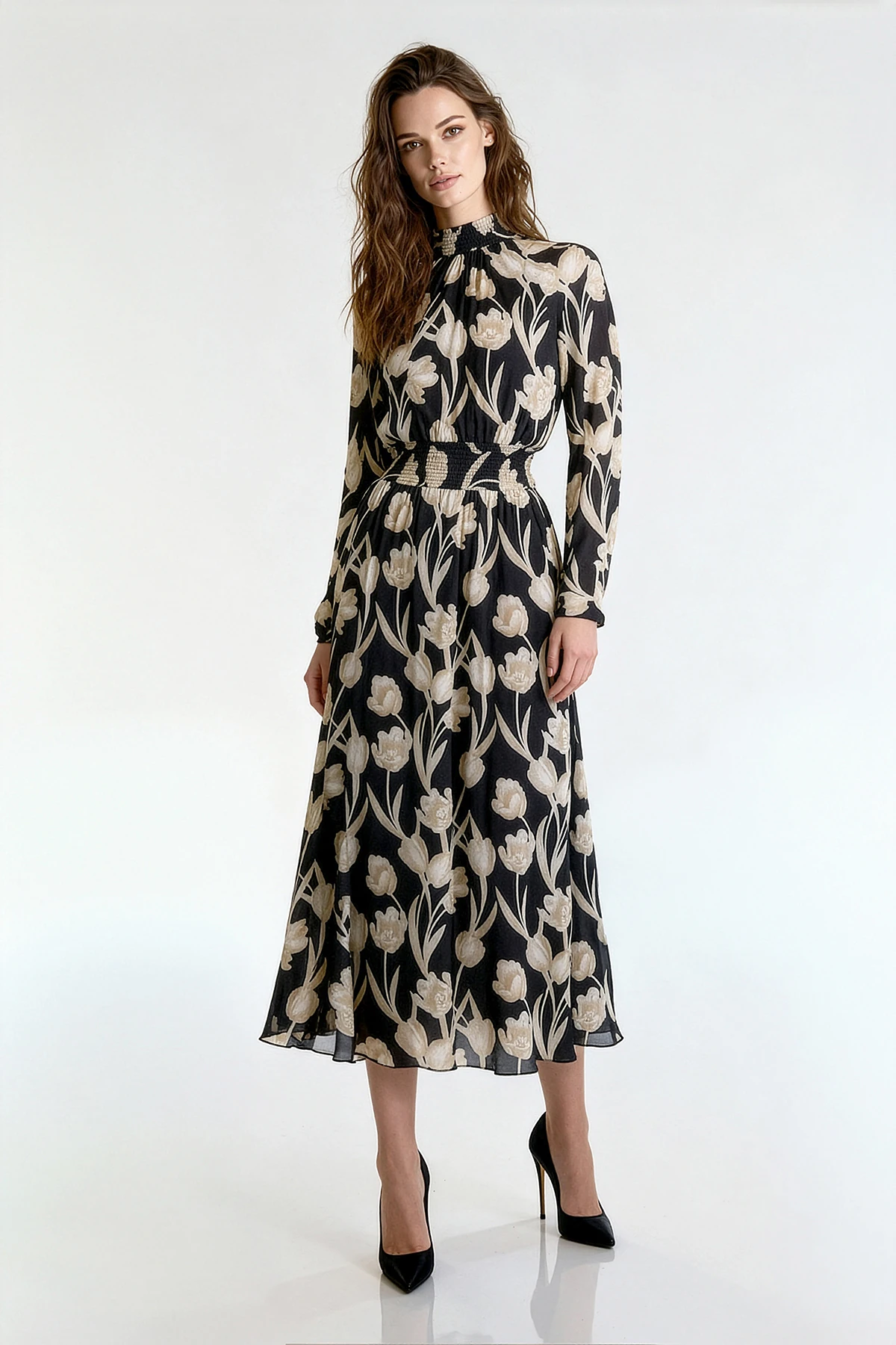 Desenli Beli Lastikli Uzun Elbise - BEJ