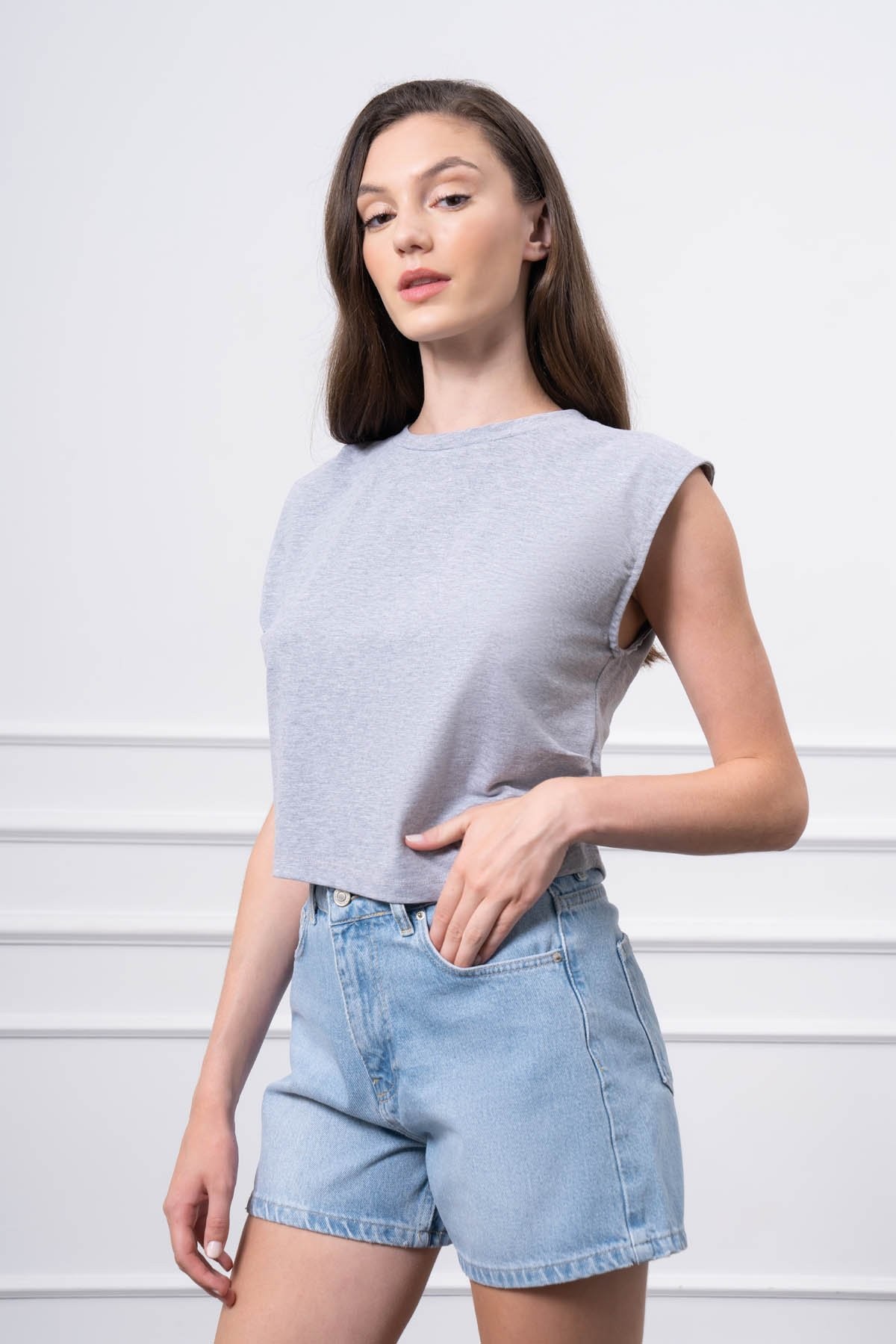 Sıfır Yaka Crop T-Shirt