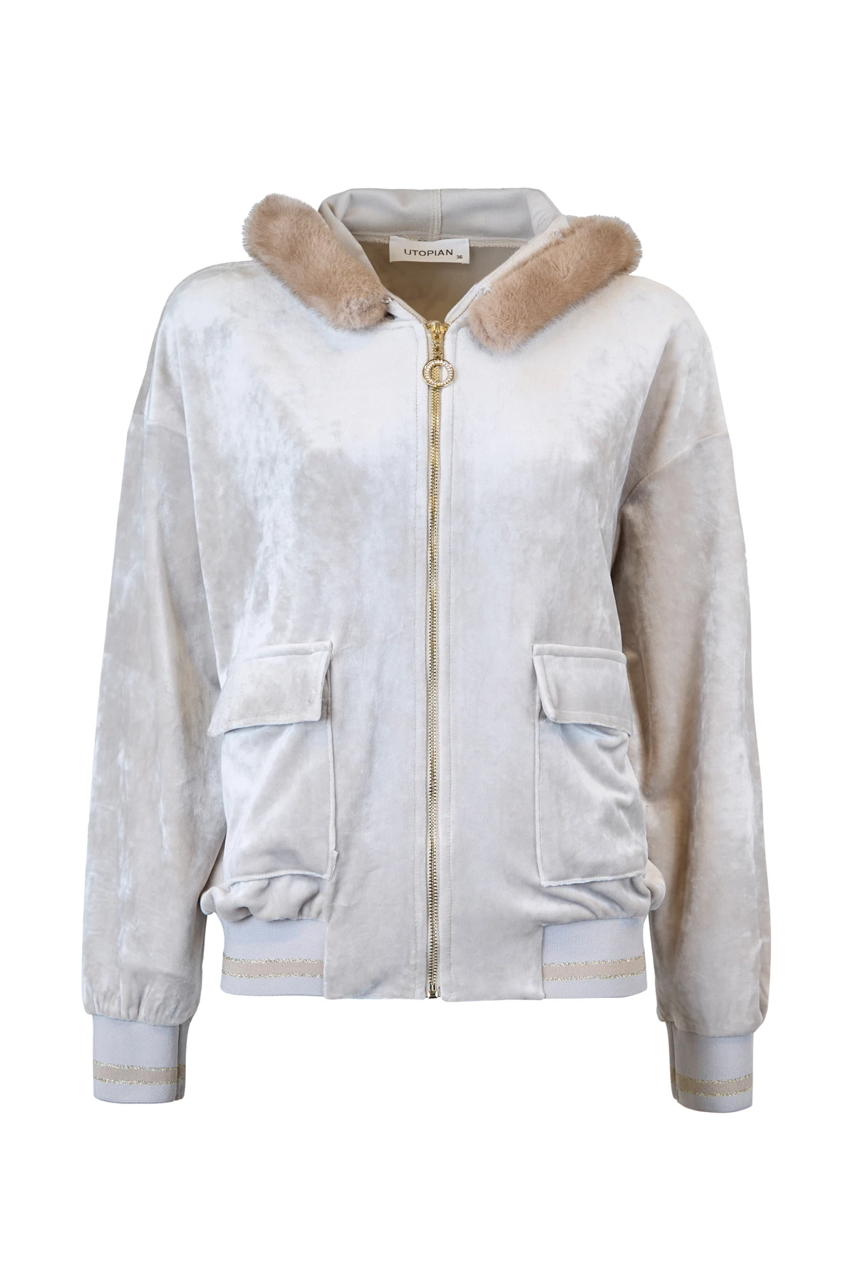 Kapüşonu Kürklü Kadife Fermuarlı Sweatshirt