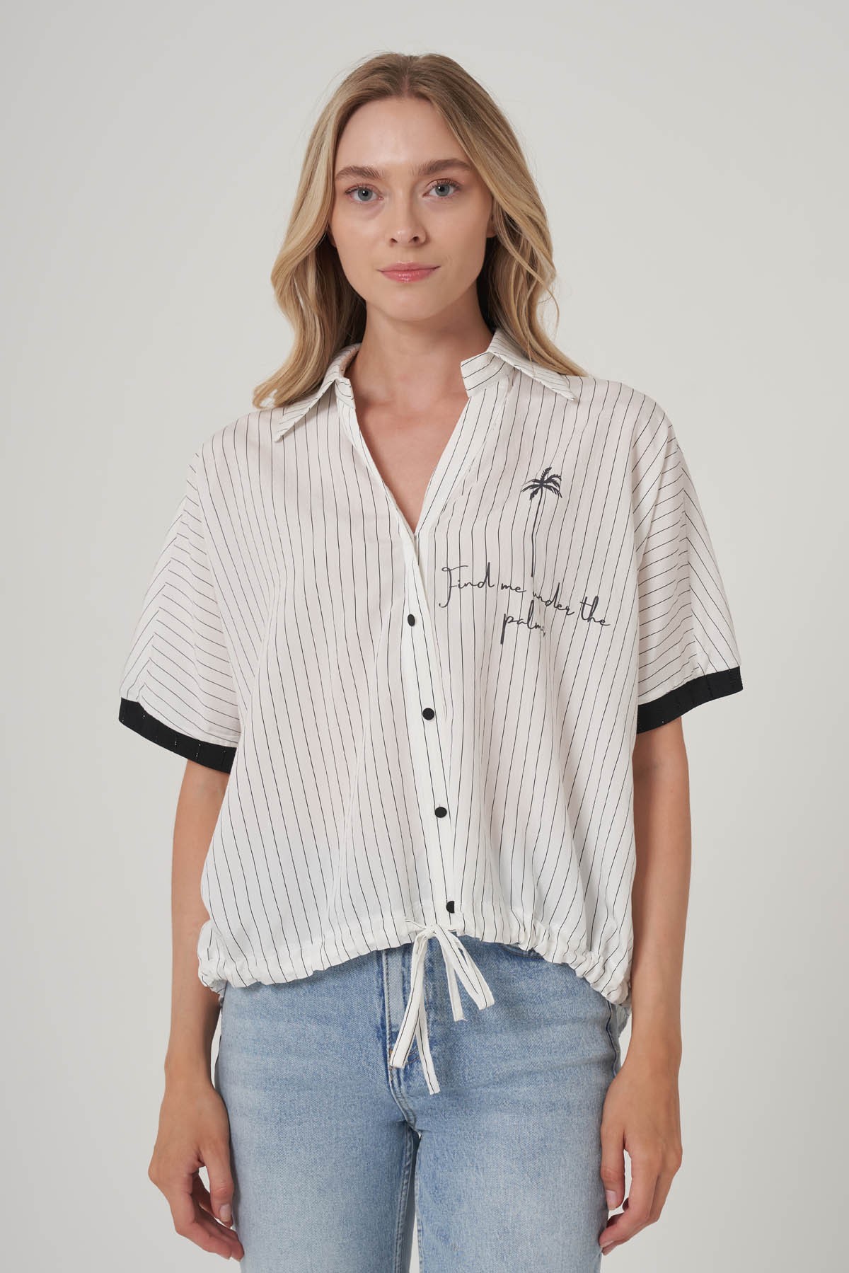 Bel Bağcıklı Oversize Gömlek - Beyaz