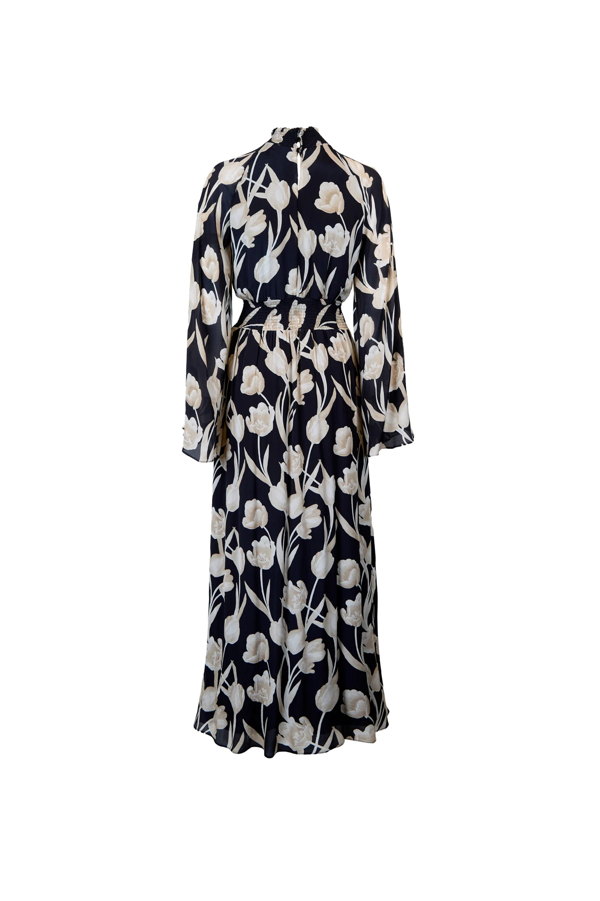 Desenli Beli Lastikli Uzun Elbise