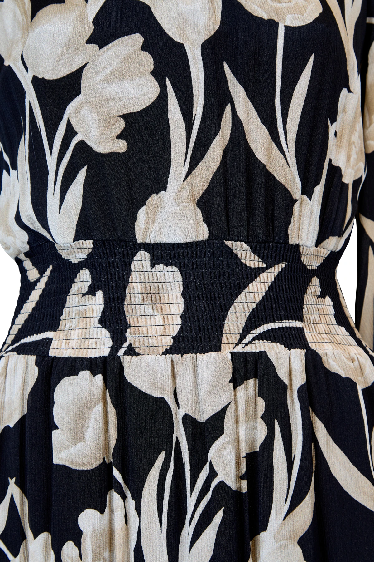 Desenli Beli Lastikli Uzun Elbise