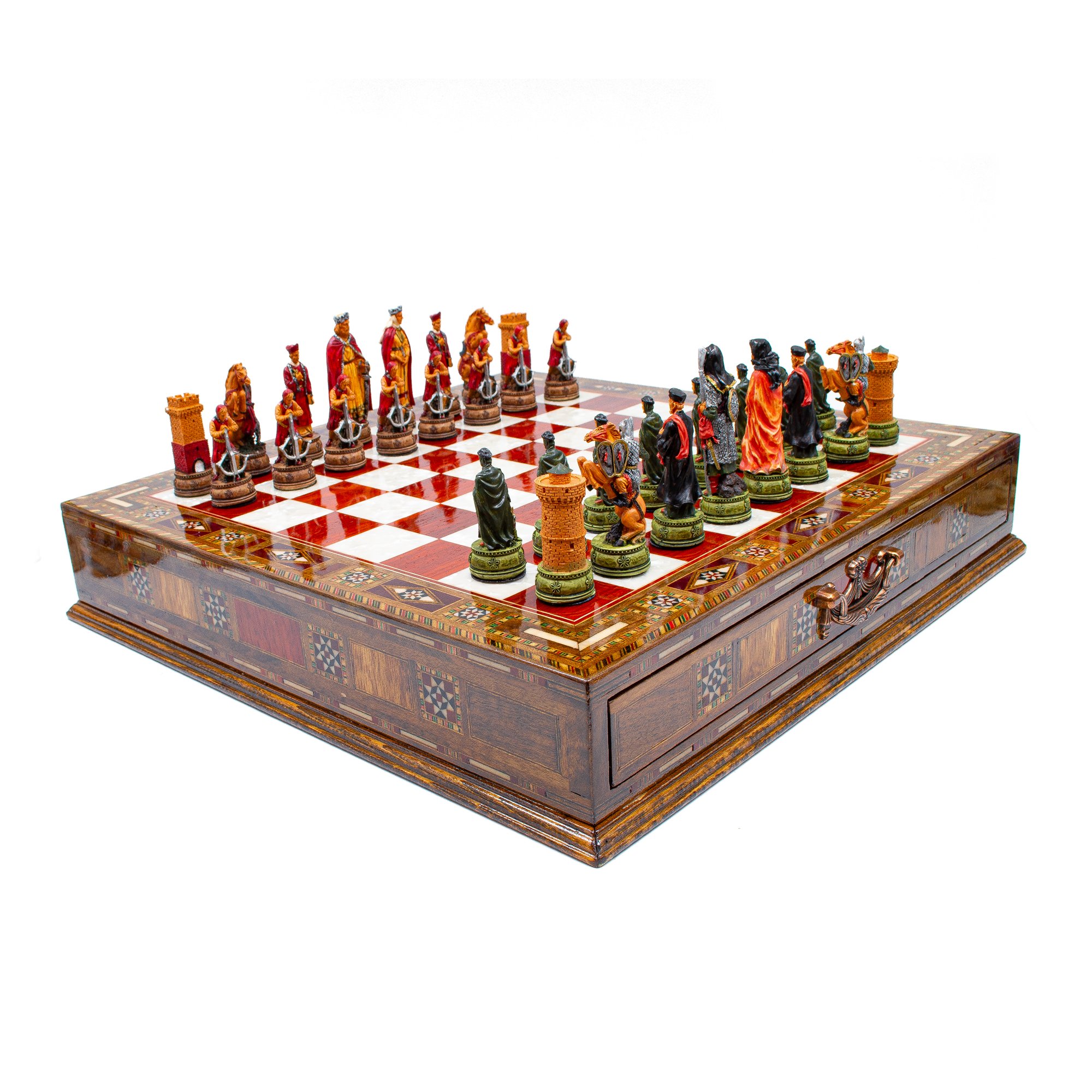 Hand Painted Chess Pieces Camelot and Chess Board with Drawer, Handmade Chess Board with Storage, Medieval Chess Pieces