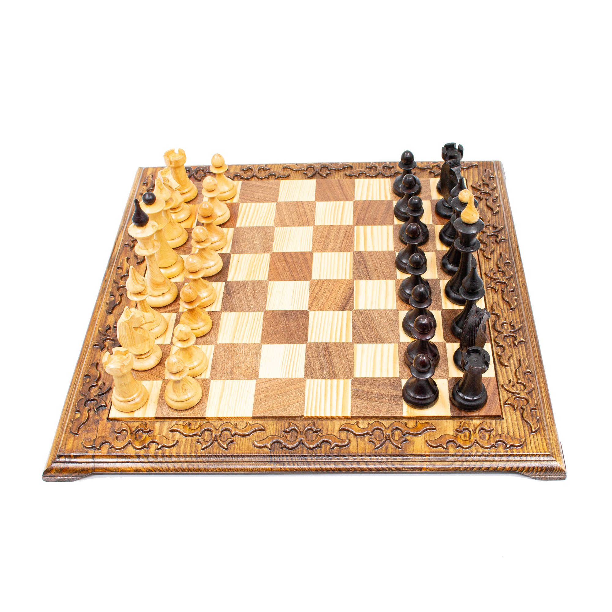 Wooden Chess Set with Board, Hand Curved Latvian Style Chess Pieces, Engraved Chess Board 