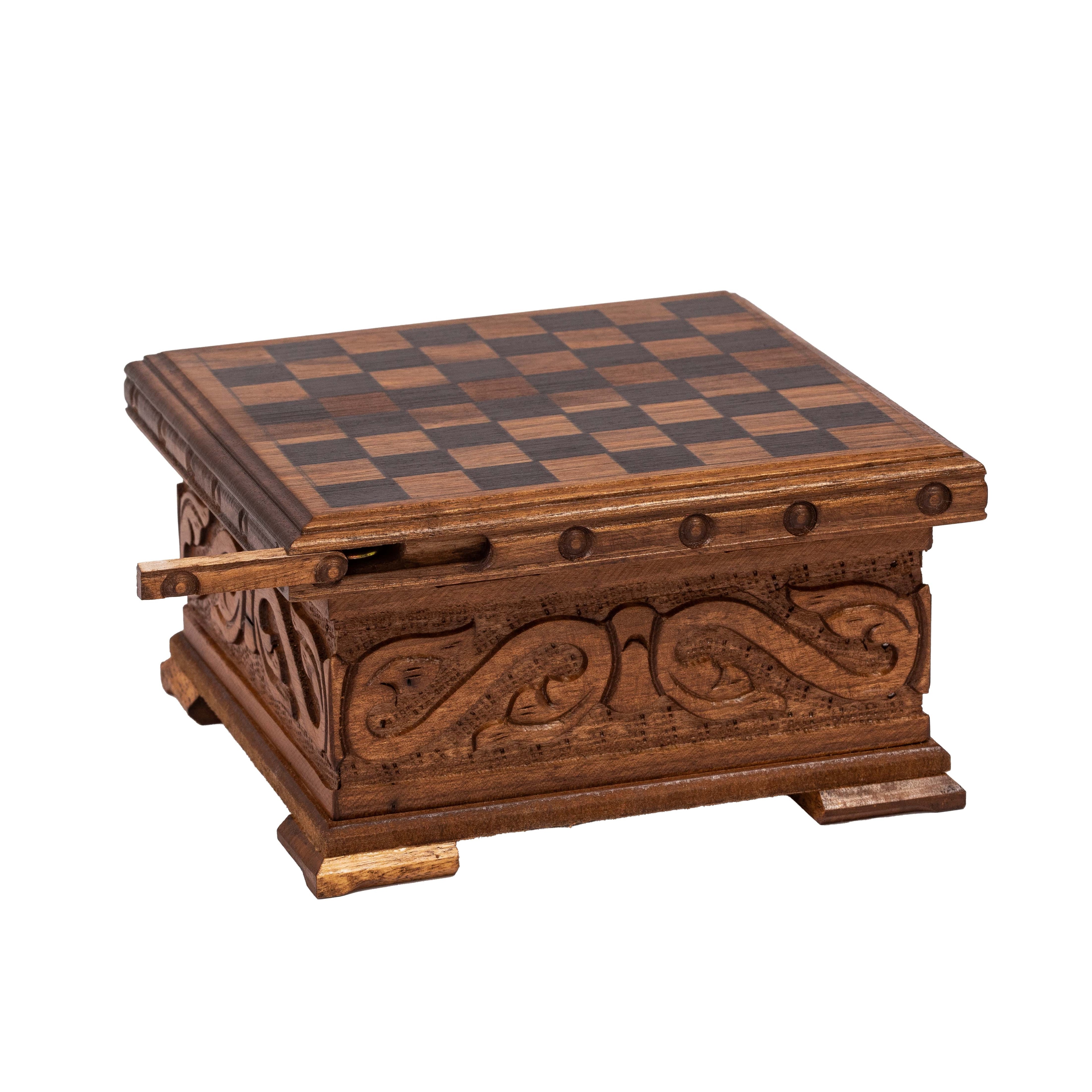 Locked Handmade Wooden Chess Box with Hidden Key, Roman Themed Chess Set, Unique Engraved Walnut Chess Board with Hidden Drawer, Medieval Chess Set