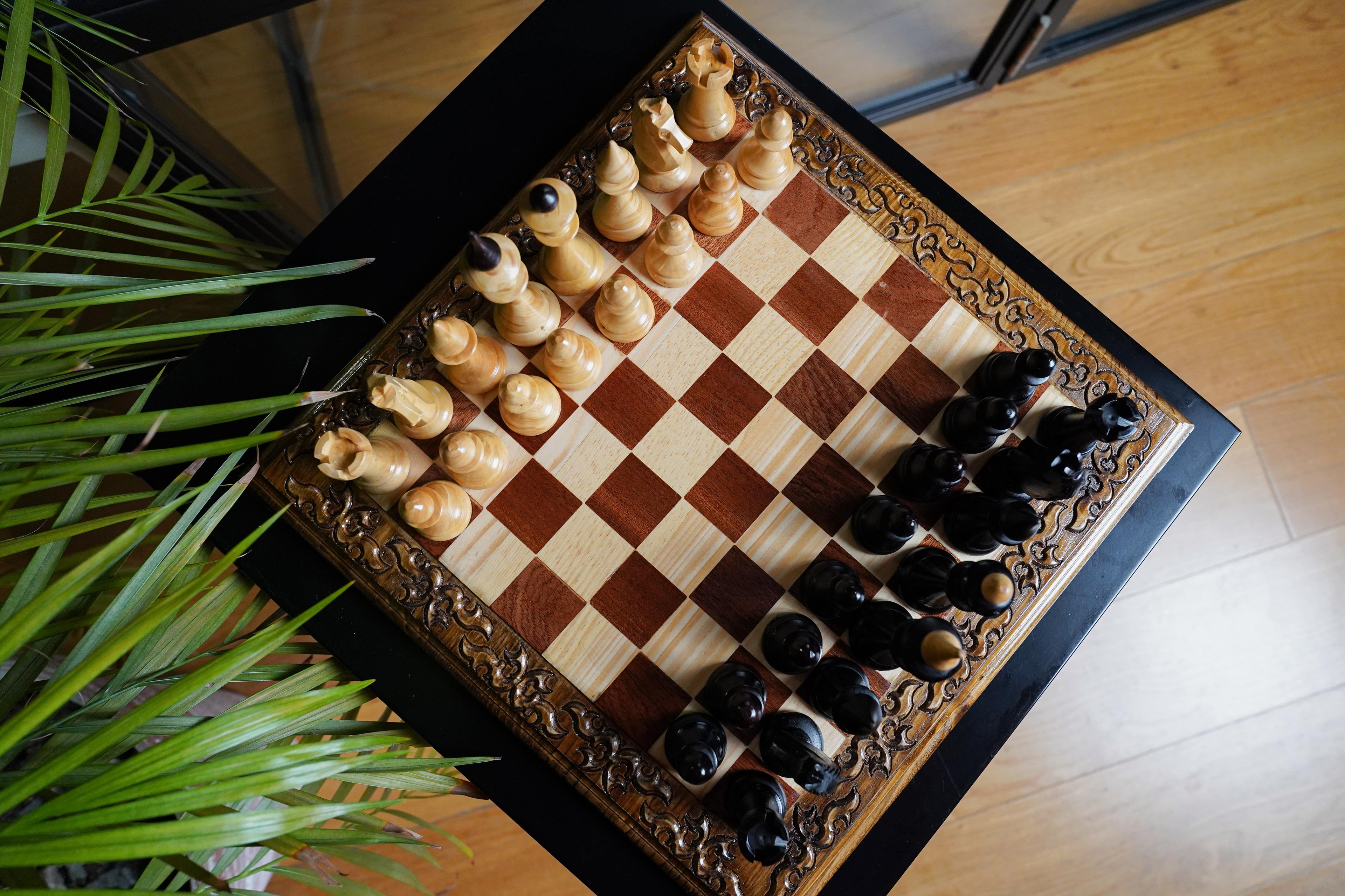 Wooden Chess Set with Board, Hand Curved Latvian Style Chess Pieces, Engraved Chess Board 