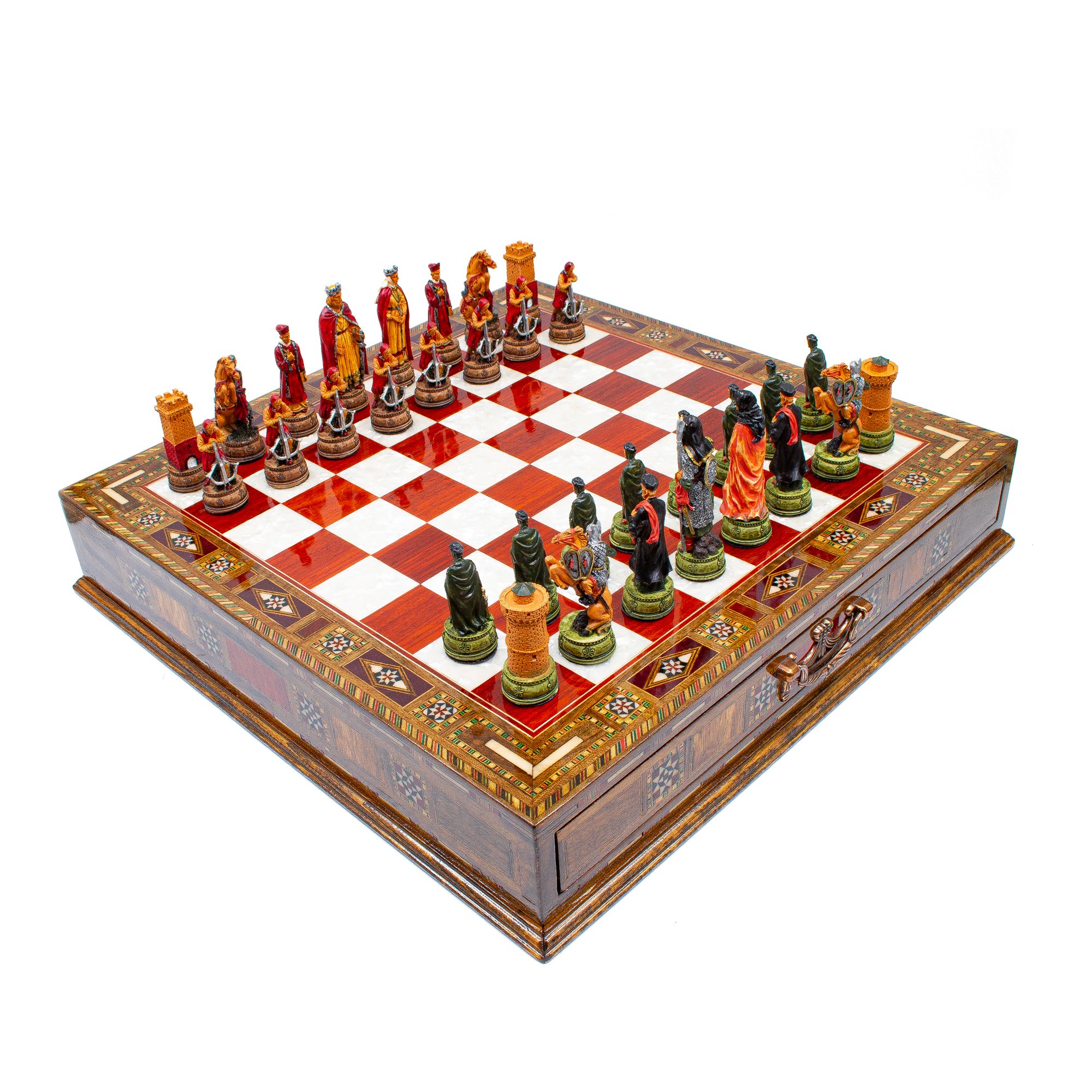 Hand Painted Chess Pieces Camelot and Chess Board with Drawer, Handmade Chess Board with Storage, Medieval Chess Pieces