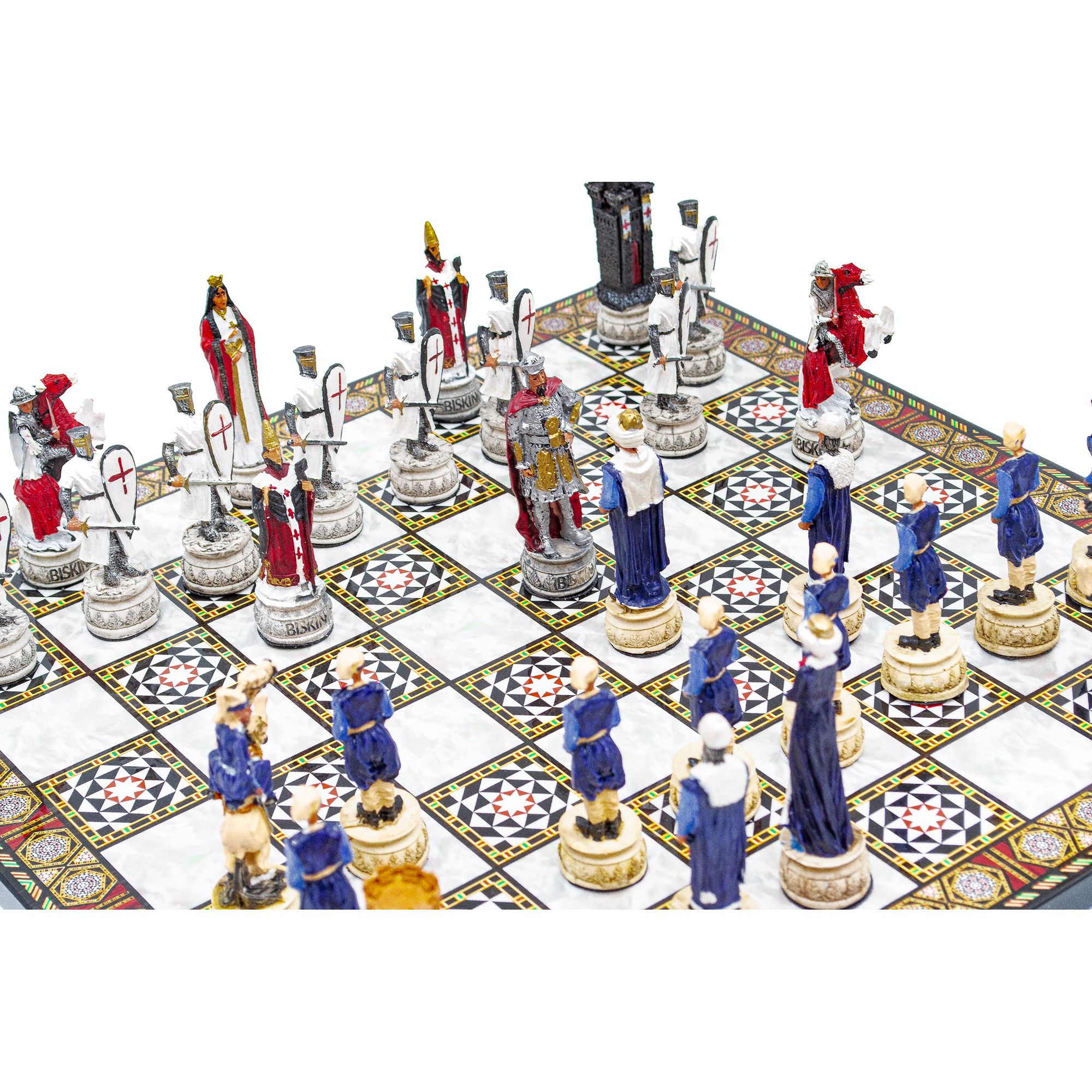 Mosaic Patterned Foldable Chess Board with Hand Painted Ottoman Chess Pieces, Handmade Chess Board, Unique Chess Set