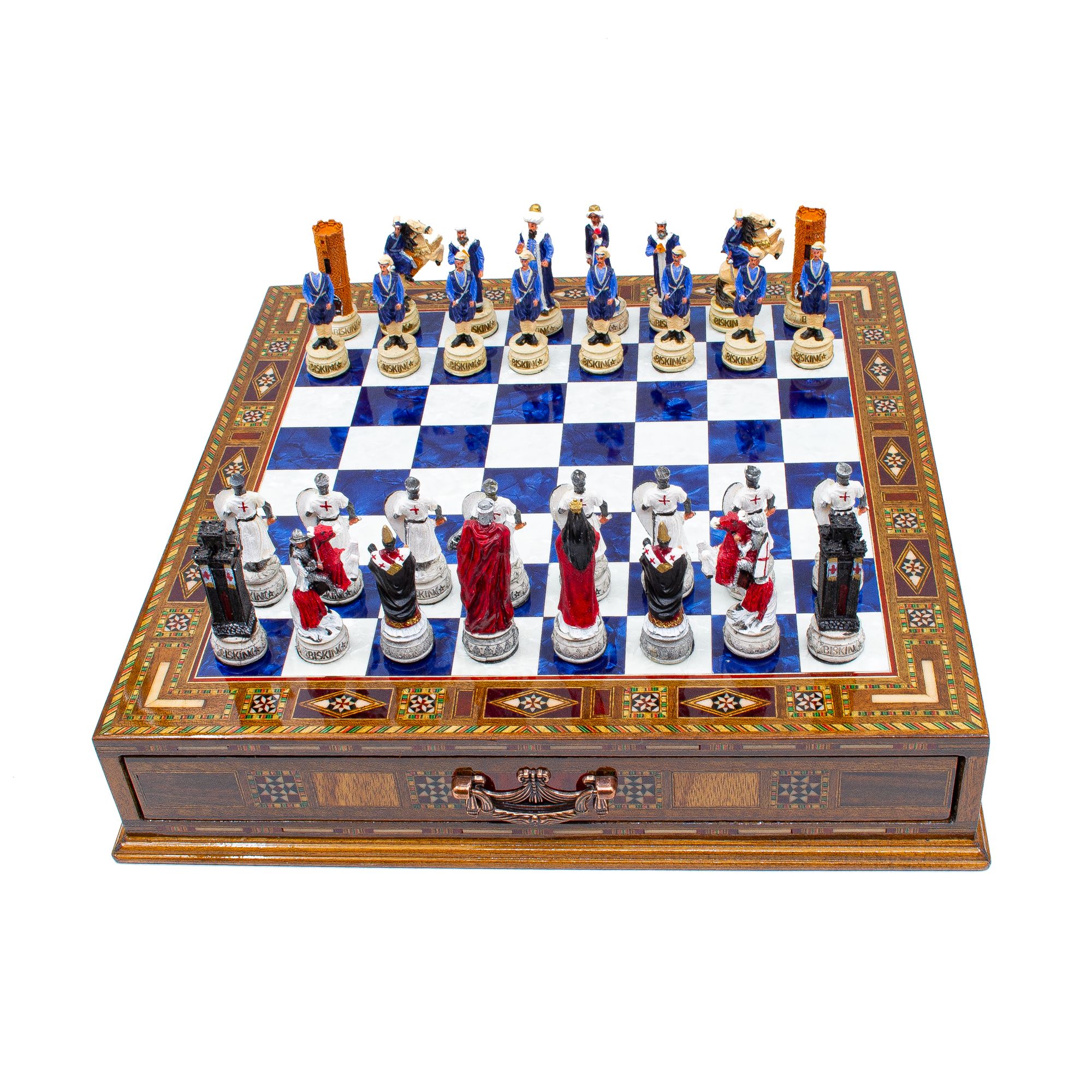 Hand Painted Chess Pieces Crusaders&Ottoman and Chess Board with Drawer, Engraved Chess Board with Storage, Handmade Chess Set