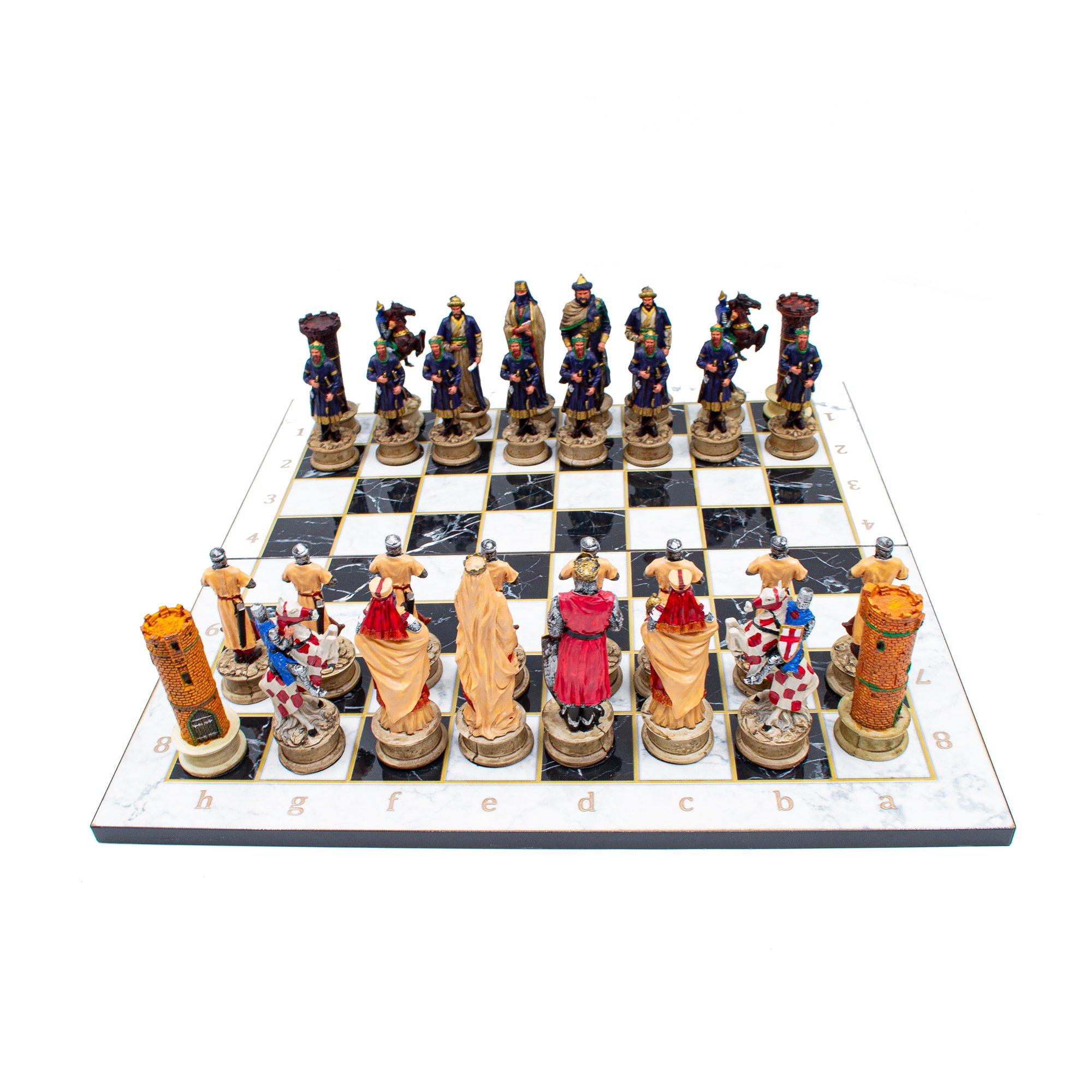 Ottoman and Crusaders Hand Painted Chess Pieces with Foldable Chess Board, Marble Patterned Chess Board, Handmade Unique Chess Set