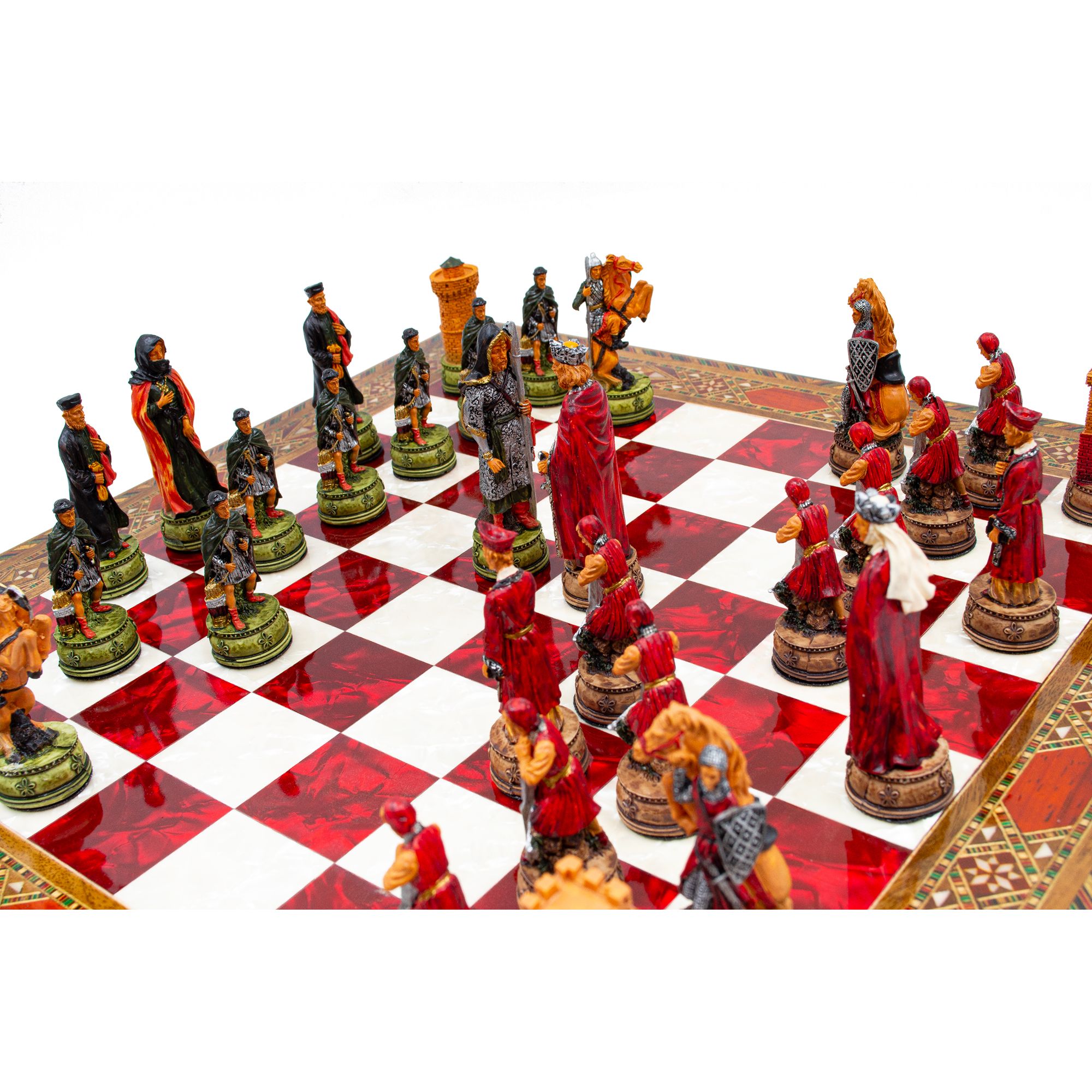 Hand Painted Chess Pieces Camelot and Mosaic Chess Board ,Engraved Chess Set, Handmade Chess Set