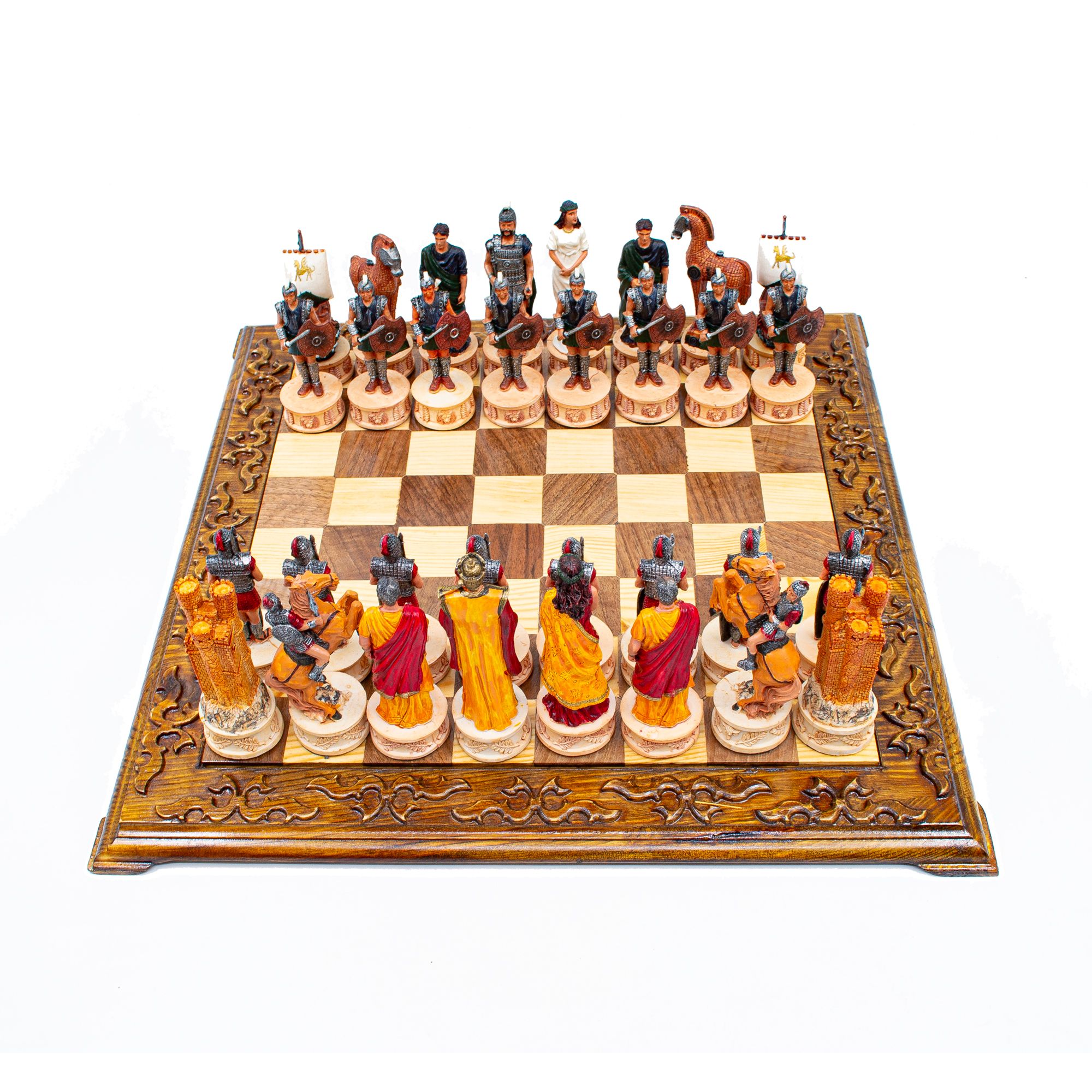 Unique Trojan and Romans Chess Set, Handmade Mythological Trojan and Romans Chess Pieces, Engraved Chess Board, Customizable Chess Set