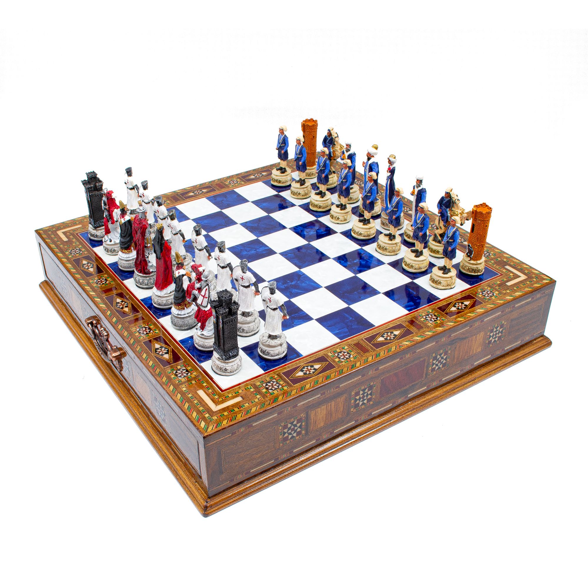 Hand Painted Chess Pieces Crusaders&Ottoman and Chess Board with Drawer, Engraved Chess Board with Storage, Handmade Chess Set