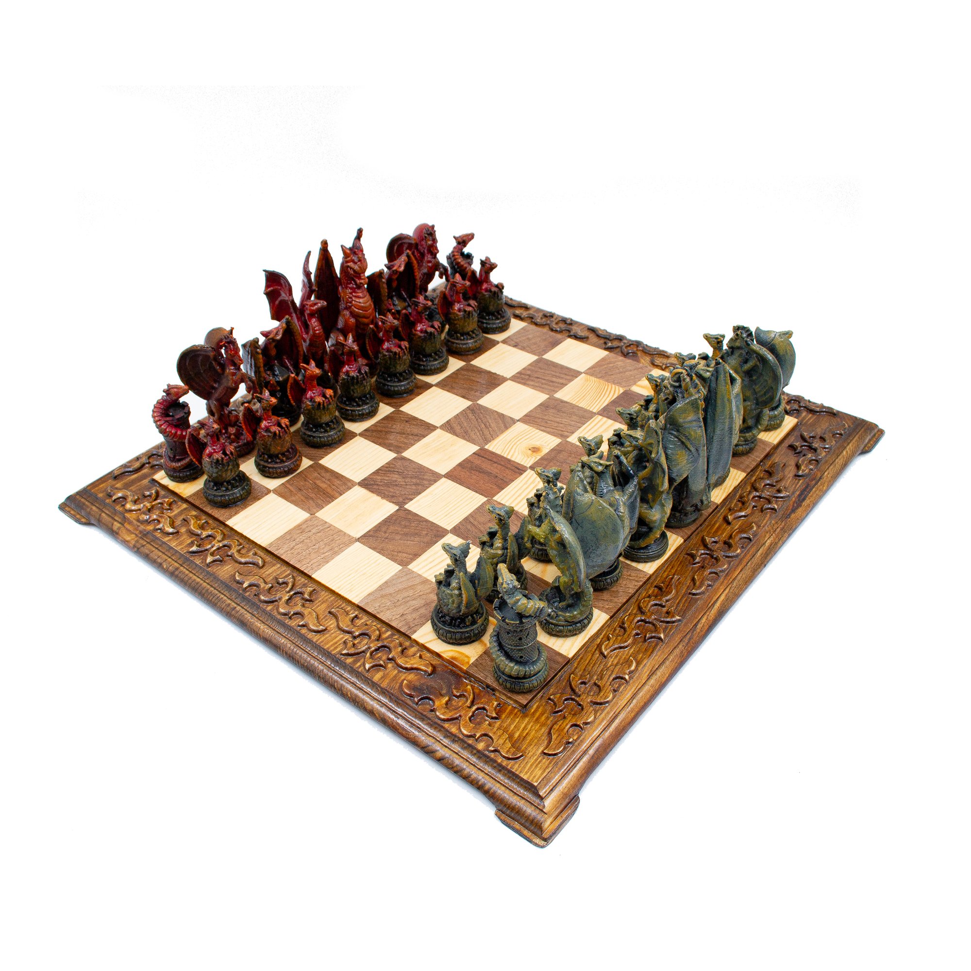 Hand Painted Dragon Themed Chess Set, Handmade Engraved Chess Board, Unique Dragon Chess Pieces, Customizable Chess Set