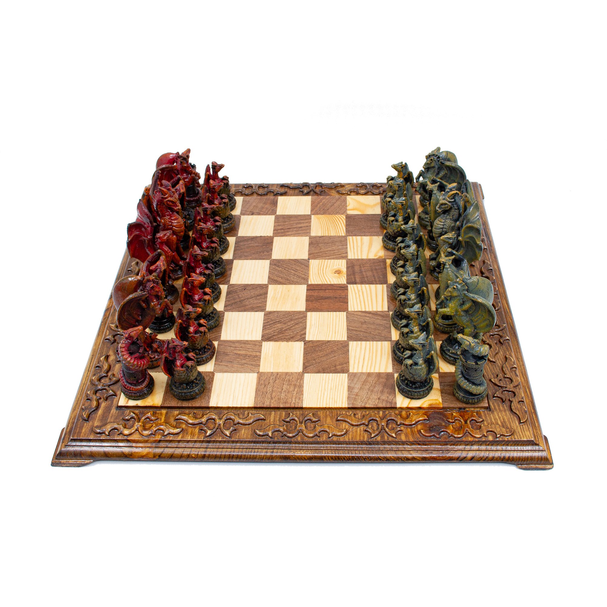 Hand Painted Dragon Themed Chess Set, Handmade Engraved Chess Board, Unique Dragon Chess Pieces, Customizable Chess Set