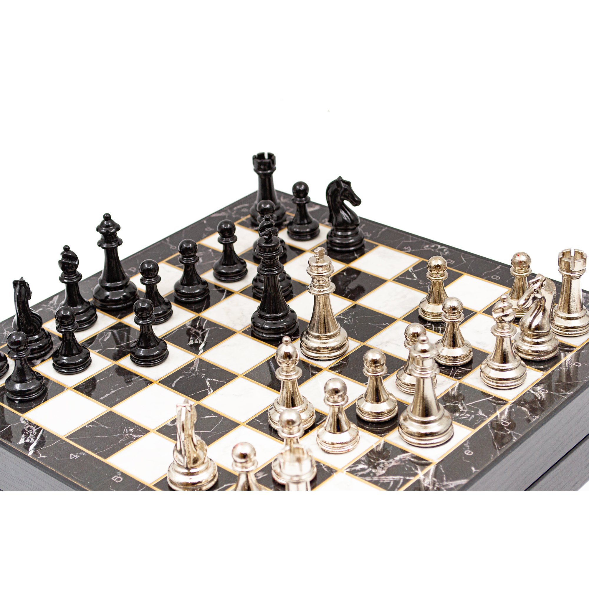 Handmade Chess Set with Storage, Marble Patterned Chess Board, High-Quality Chess Pieces