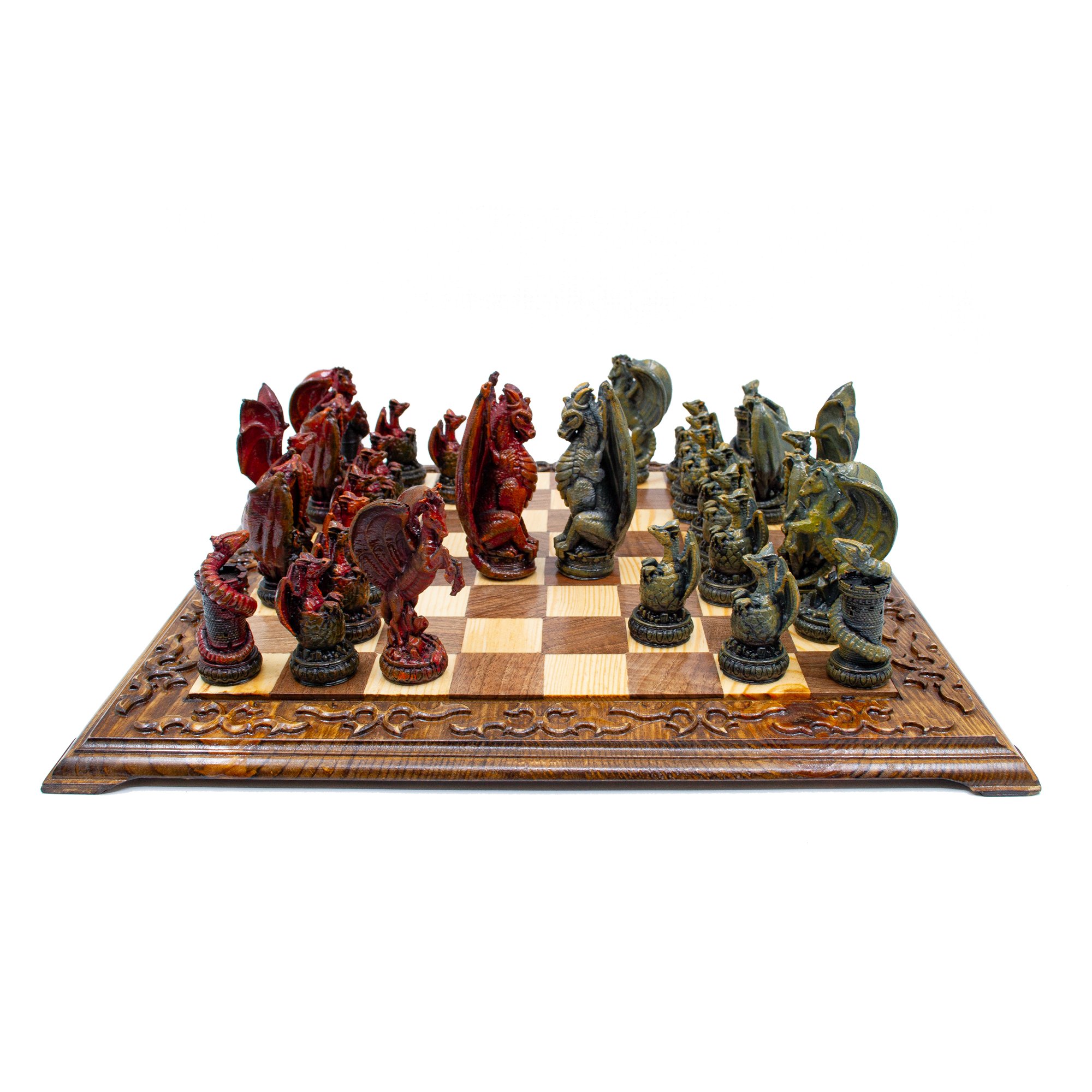 Hand Painted Dragon Themed Chess Set, Handmade Engraved Chess Board, Unique Dragon Chess Pieces, Customizable Chess Set