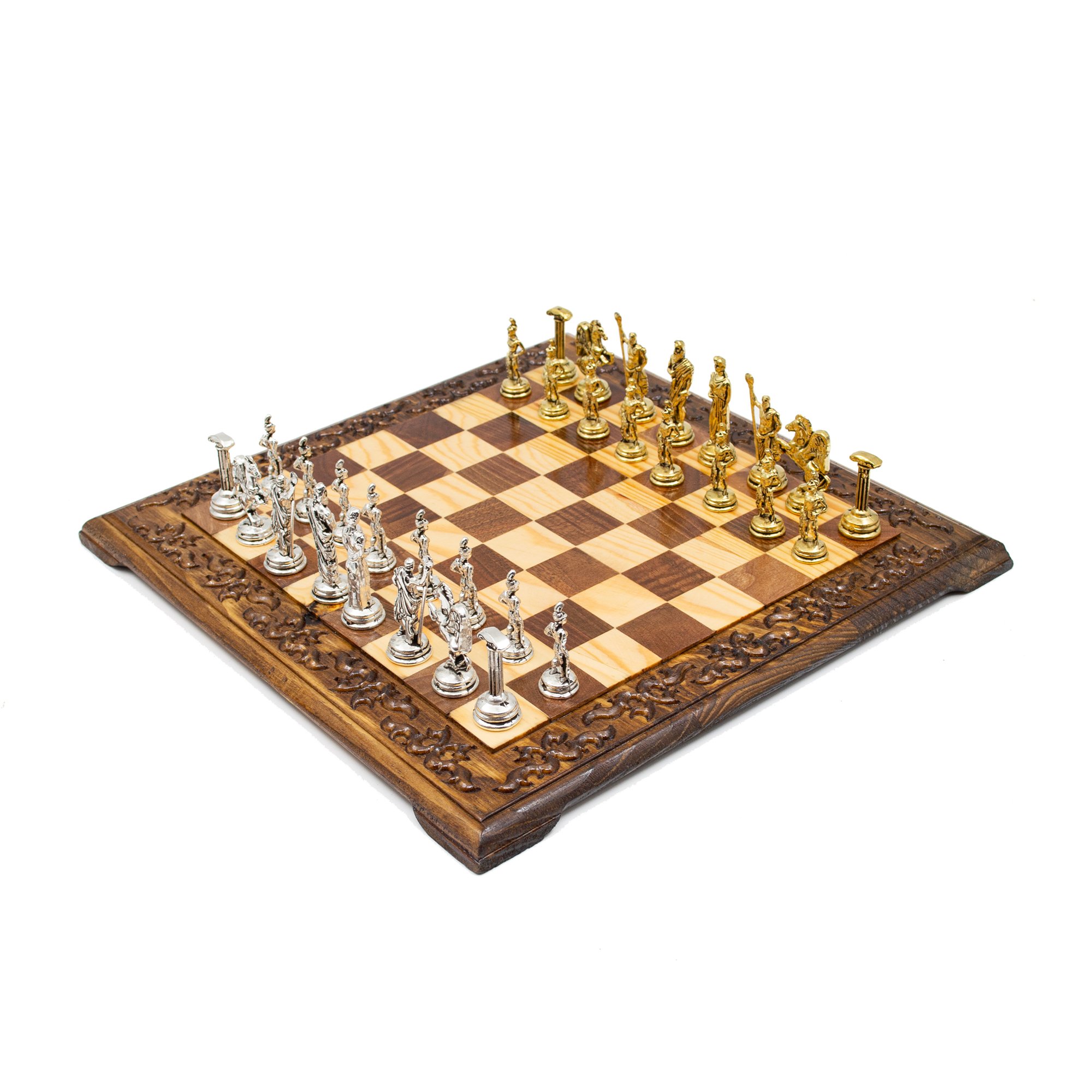 Hand Curved Walnut Chess Set with Classic Chess Pieces, Engraves Chess Board, Unique Roman Chess Set