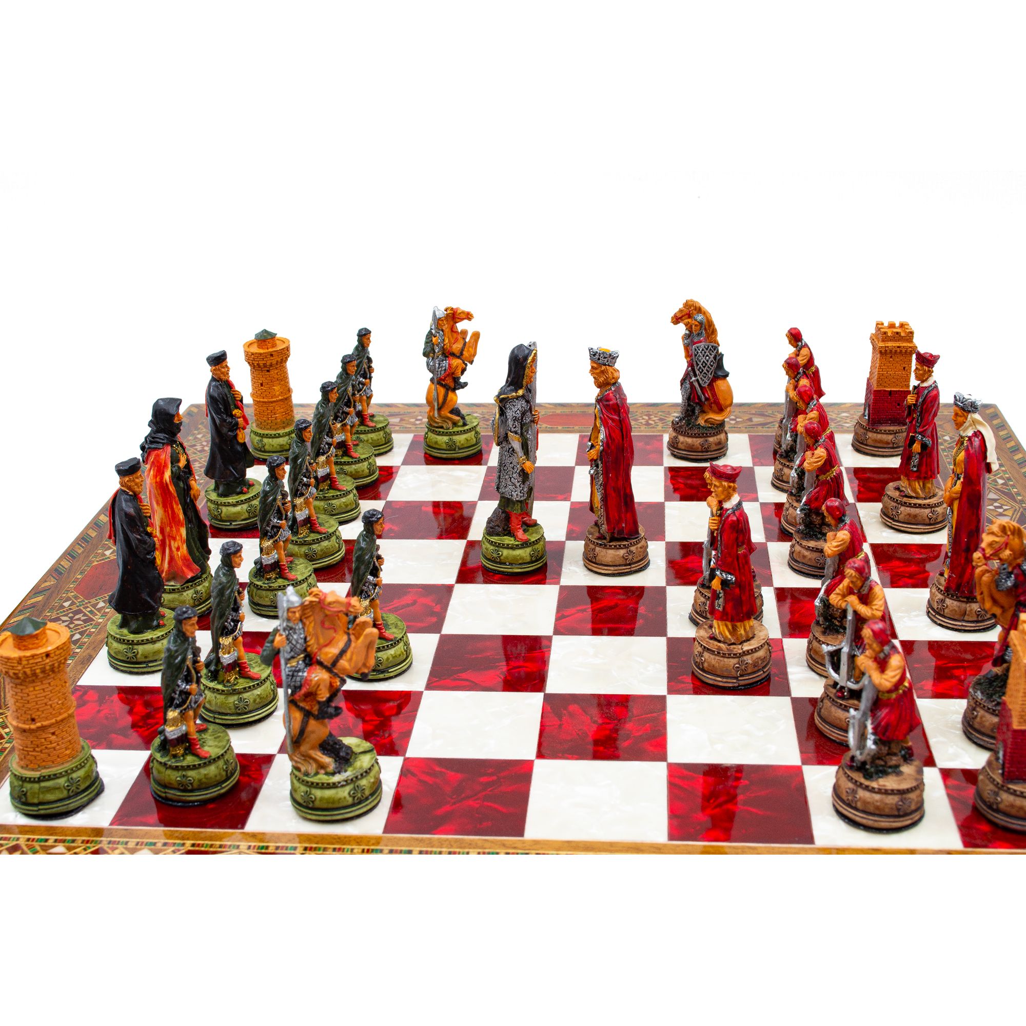 Hand Painted Chess Pieces Camelot and Mosaic Chess Board ,Engraved Chess Set, Handmade Chess Set