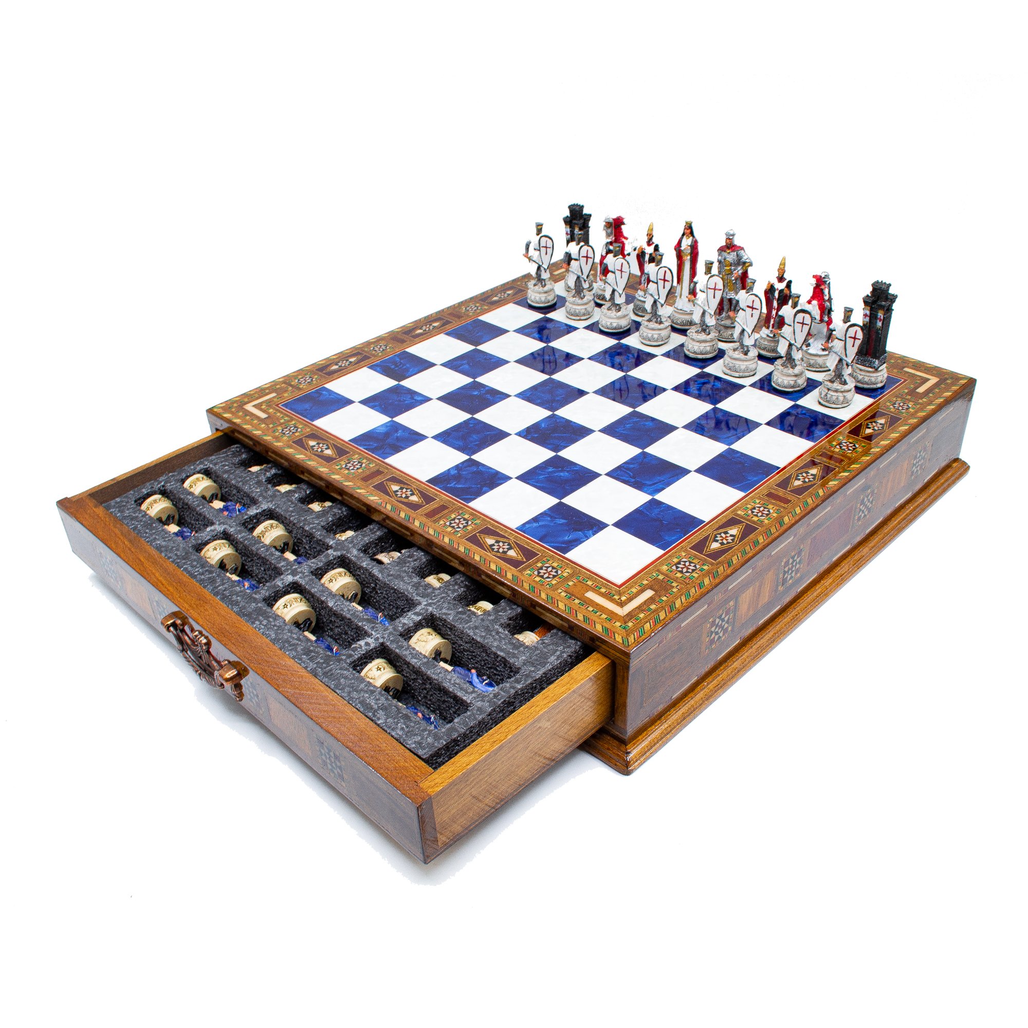 Hand Painted Chess Pieces Crusaders&Ottoman and Chess Board with Drawer, Engraved Chess Board with Storage, Handmade Chess Set