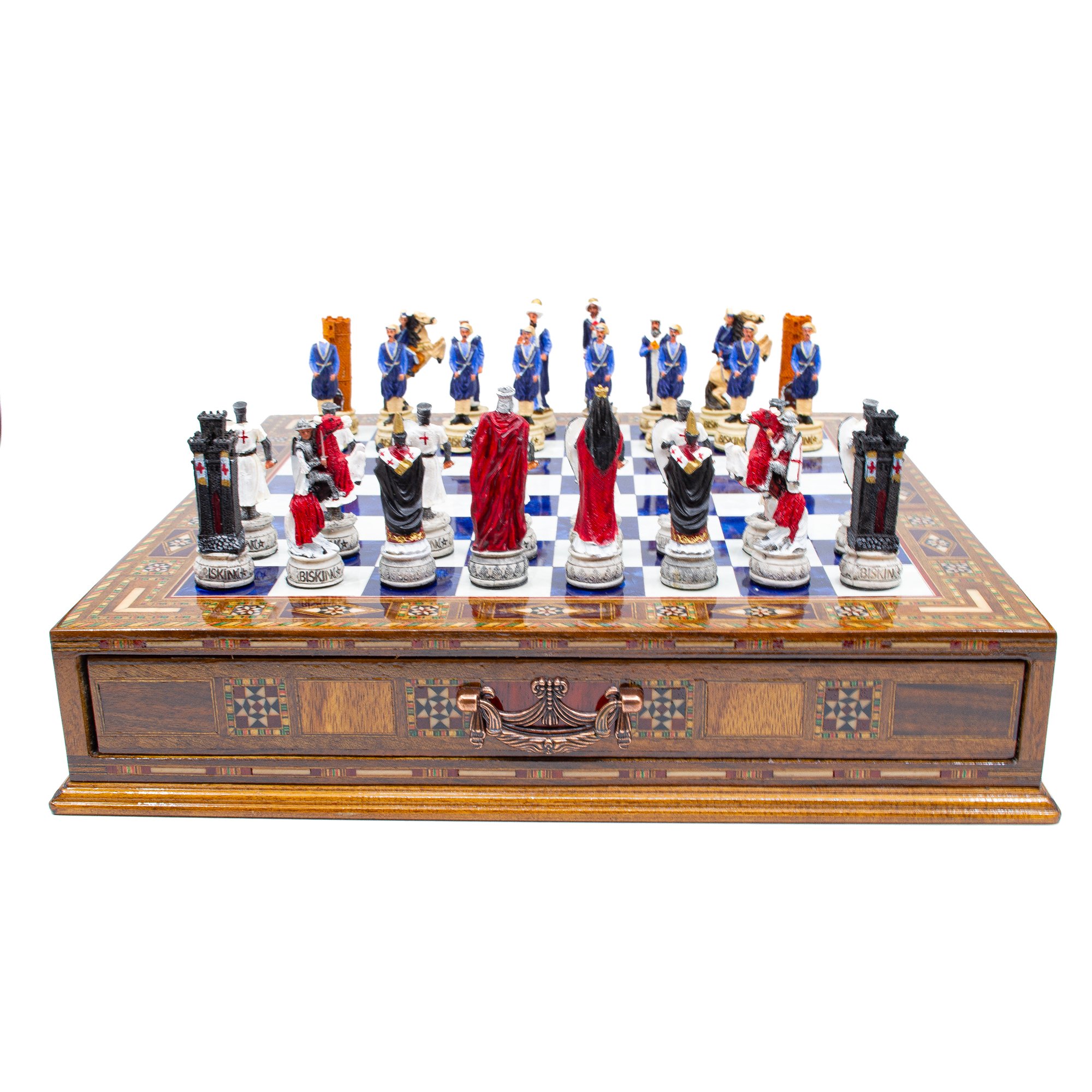 Hand Painted Chess Pieces Crusaders&Ottoman and Chess Board with Drawer, Engraved Chess Board with Storage, Handmade Chess Set