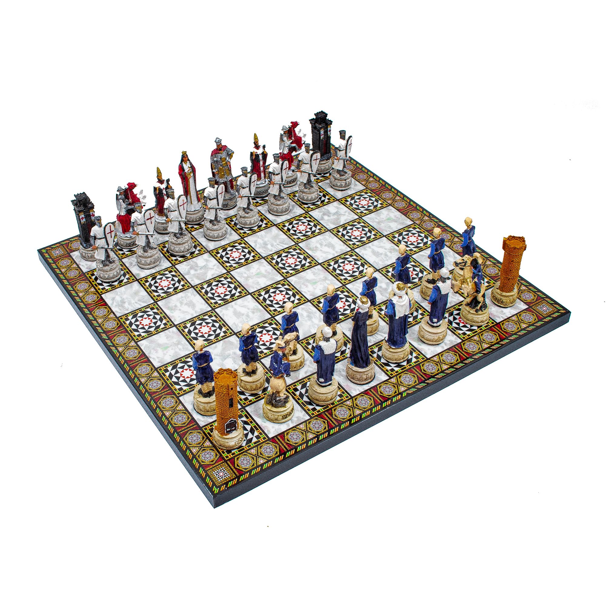 Mosaic Patterned Foldable Chess Board with Hand Painted Ottoman Chess Pieces, Handmade Chess Board, Unique Chess Set