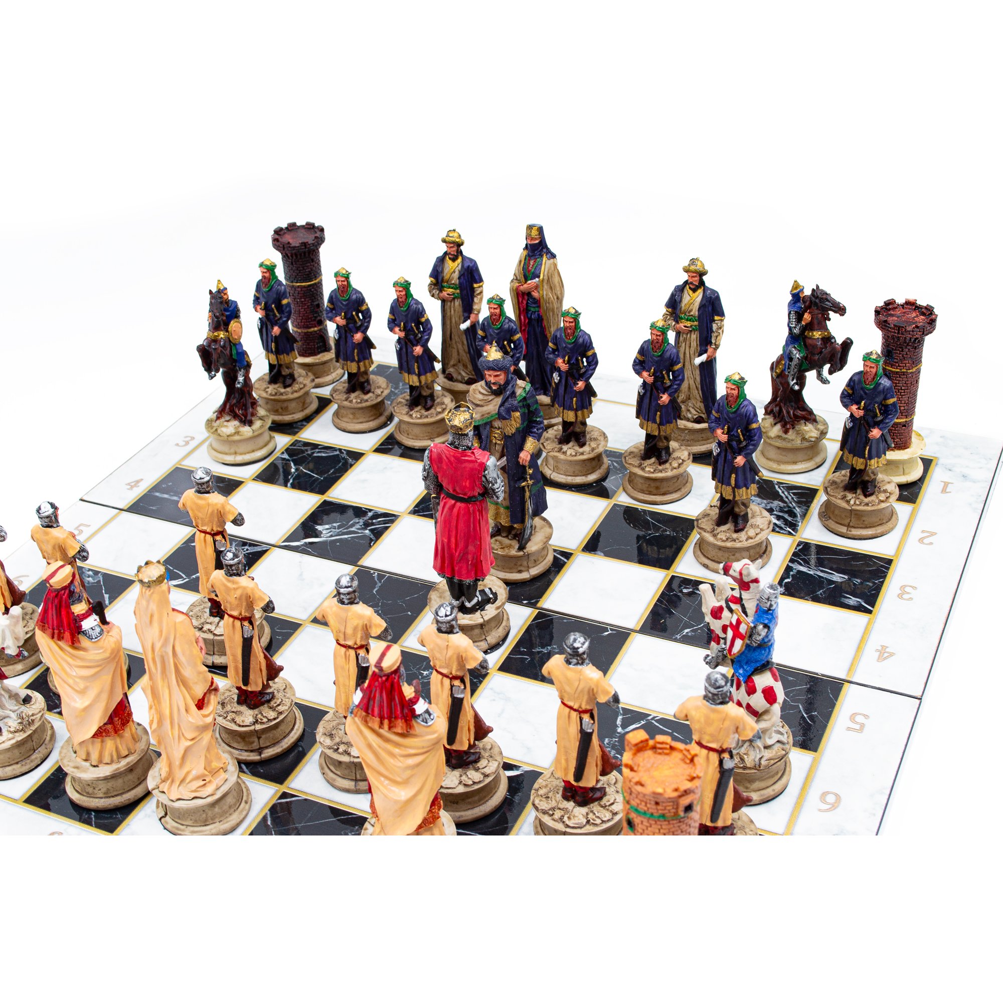 Ottoman and Crusaders Hand Painted Chess Pieces with Foldable Chess Board, Marble Patterned Chess Board, Handmade Unique Chess Set