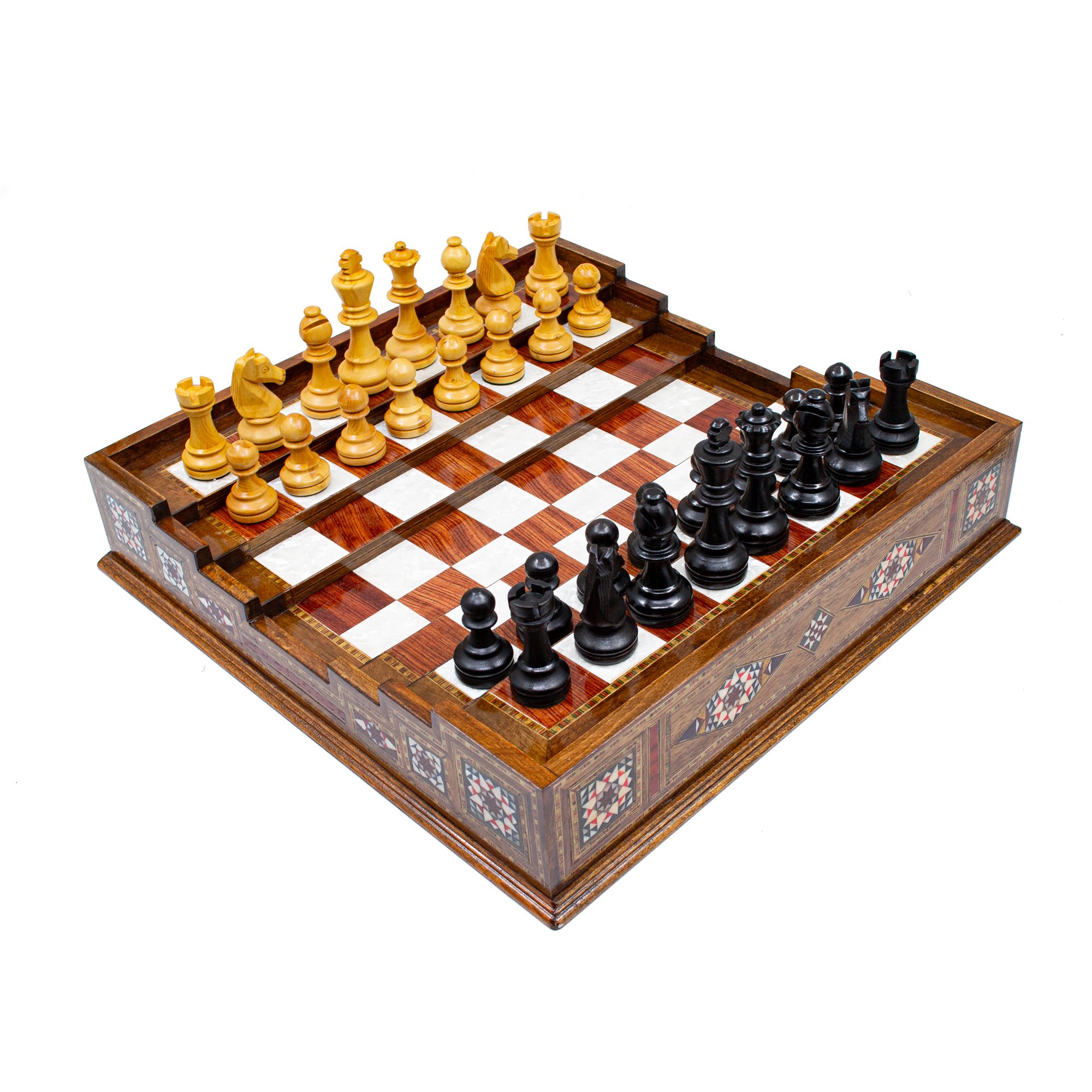  Wooden Chess Set with Hand Curved Chess Pieces Staunton Style, Handmade Chess Set with Drawer, Engraved Chess Board with Storage