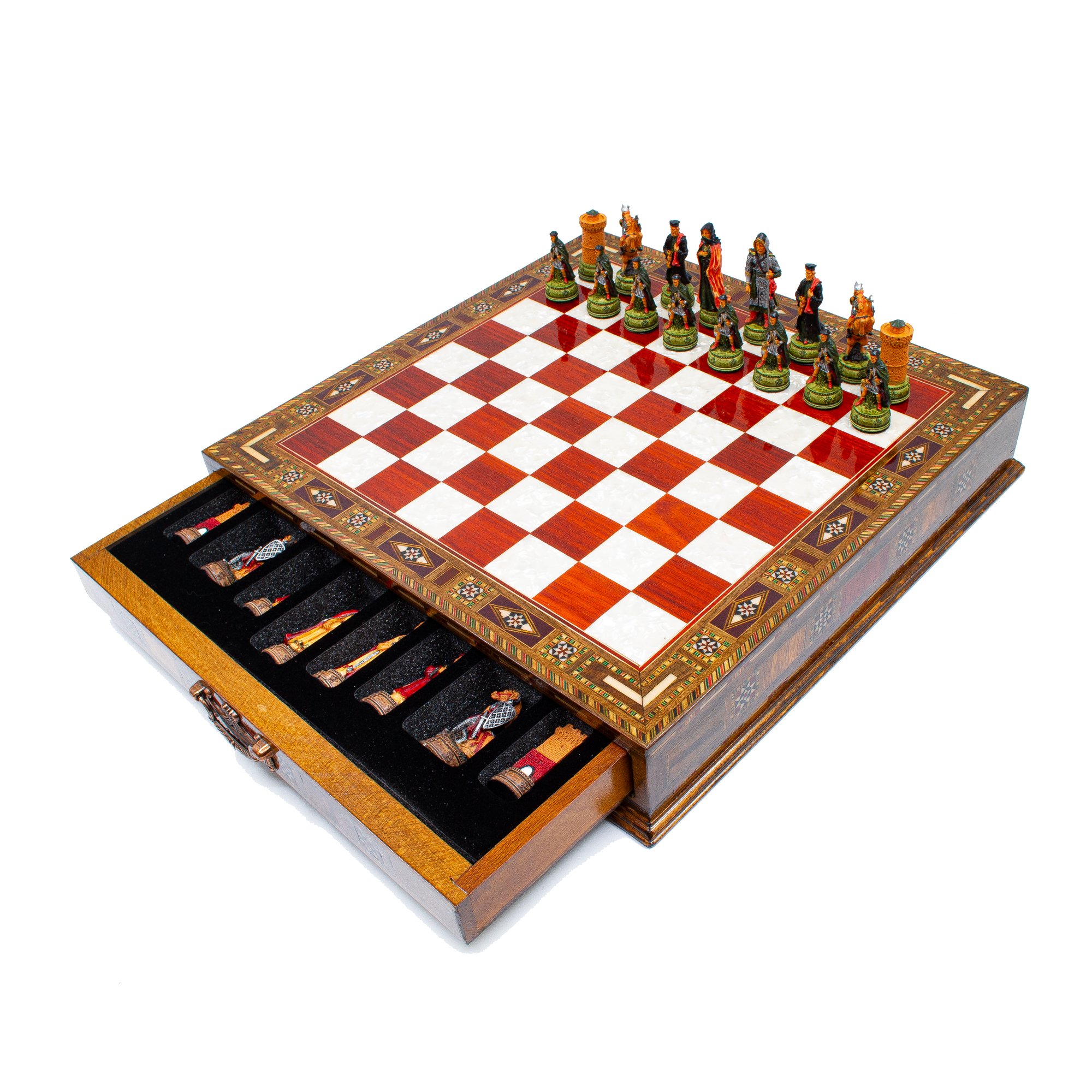 Hand Painted Chess Pieces Camelot and Chess Board with Drawer, Handmade Chess Board with Storage, Medieval Chess Pieces