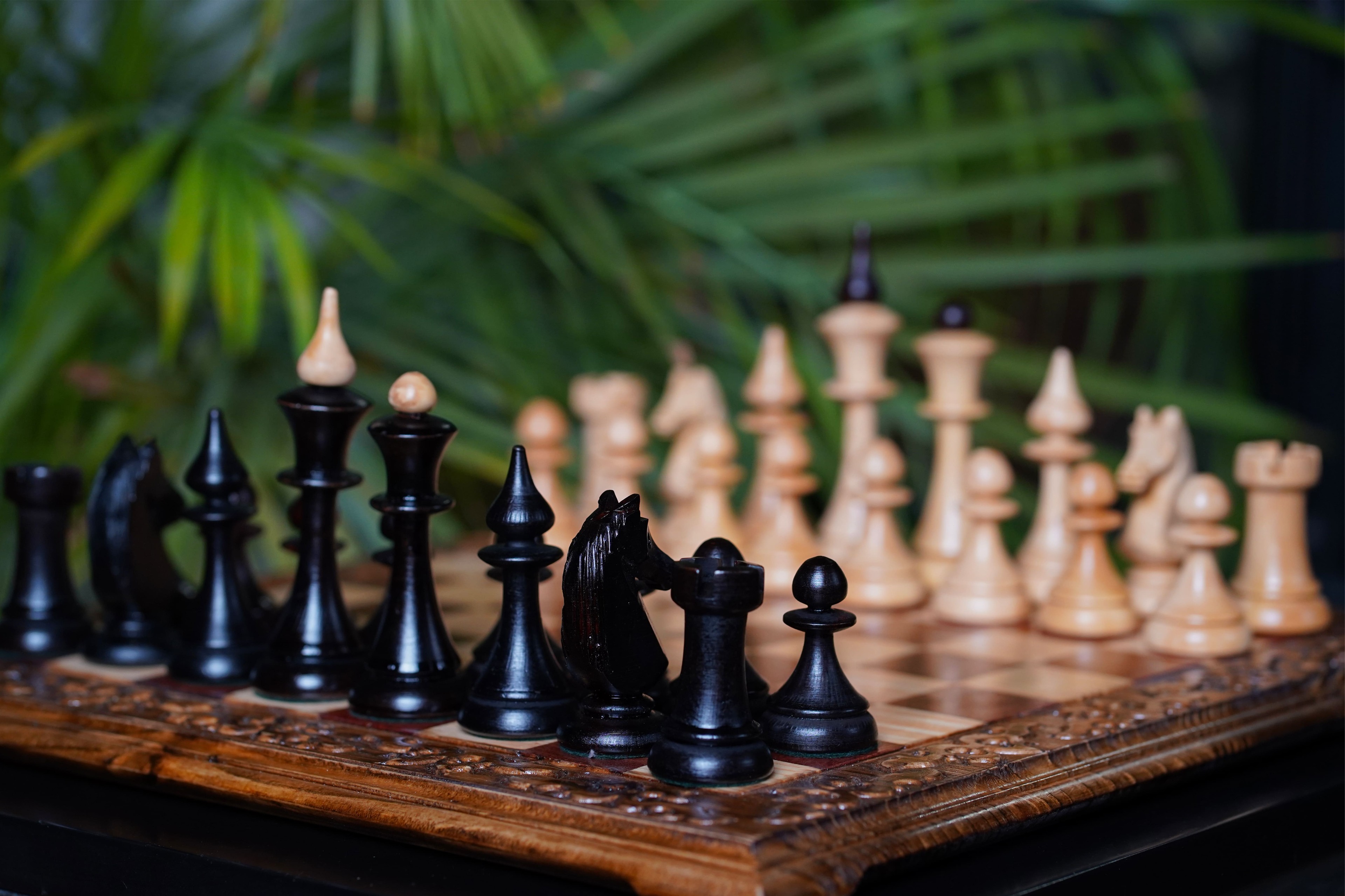 Wooden Chess Set with Board, Hand Curved Latvian Style Chess Pieces, Engraved Chess Board 