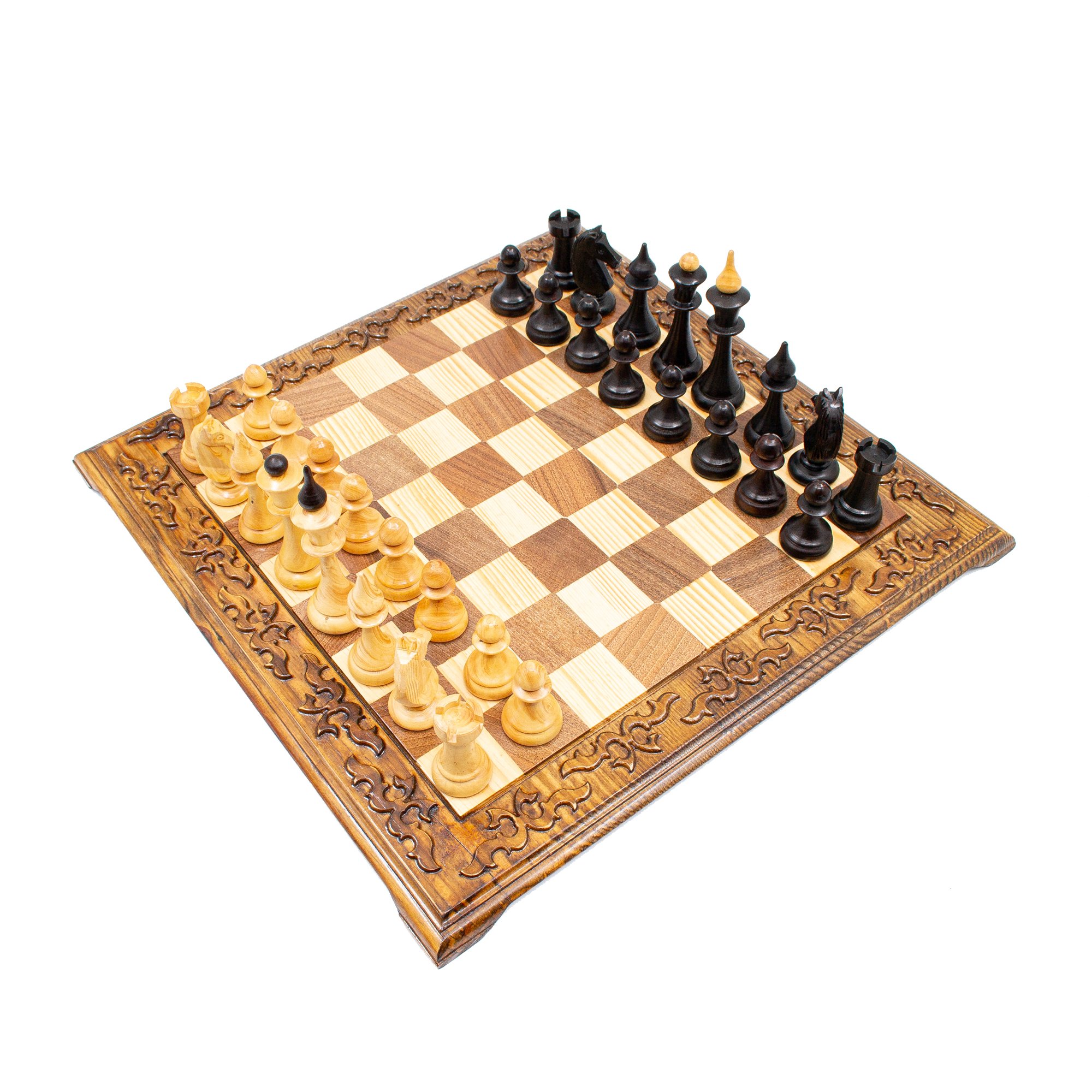 Wooden Chess Set with Board, Hand Curved Latvian Style Chess Pieces, Engraved Chess Board 