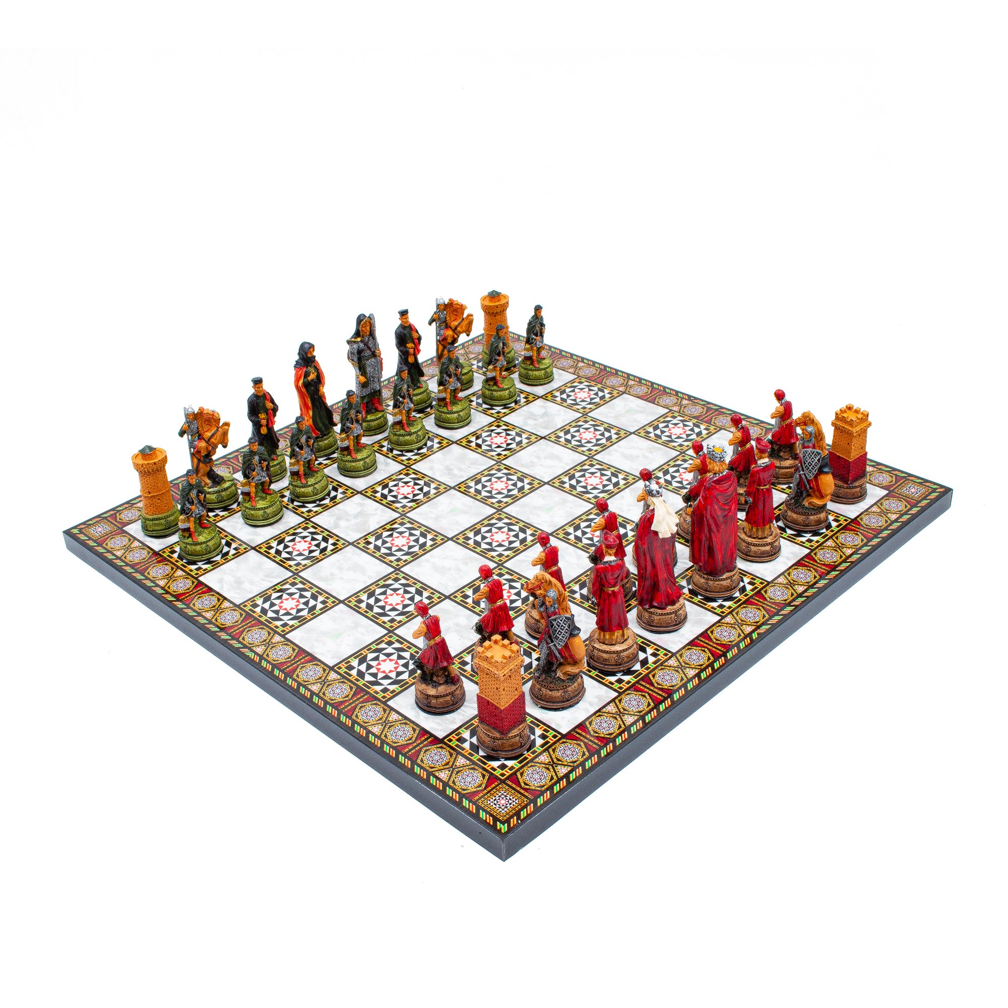 Hand Painted Chess Pieces Camelot and Chess Board, Handmade Medieval Chess Set, Engraved Chess Board