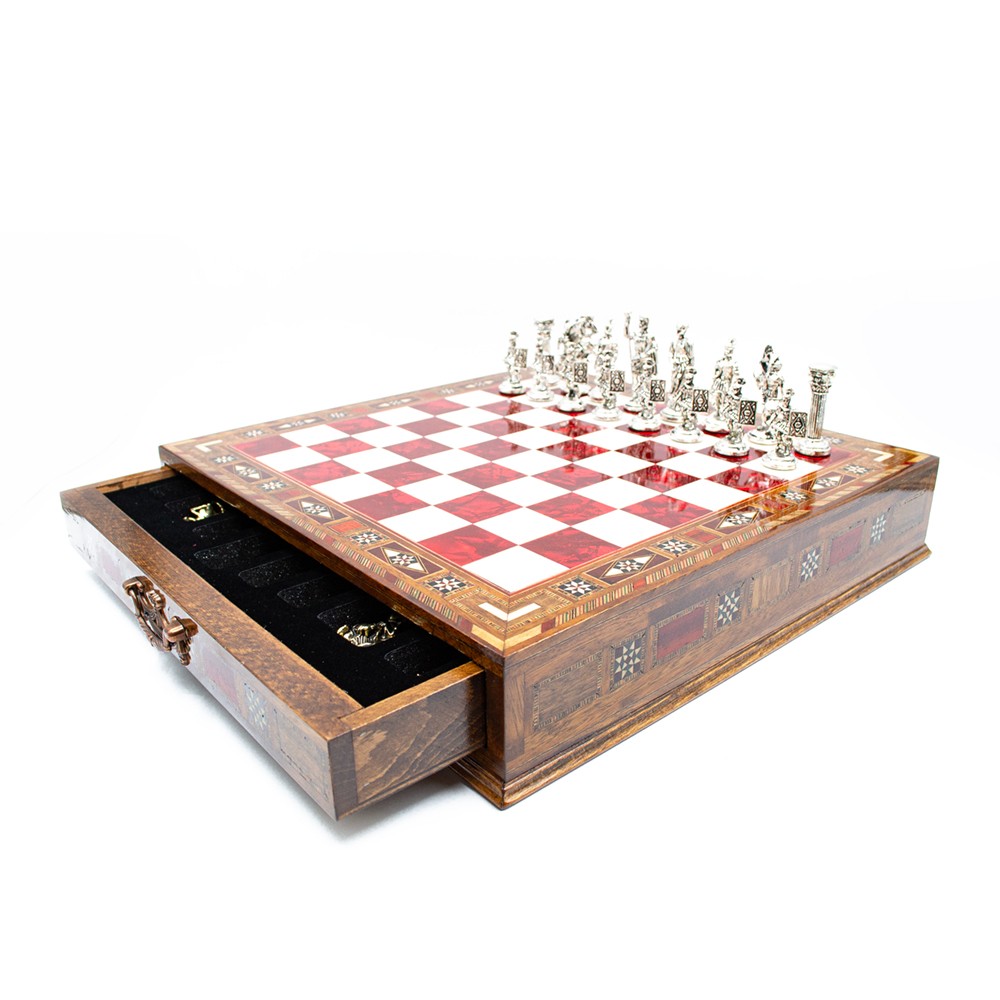  Luxury Chess Set with Storage,  Handmade Decorative Chess Set, Personalized Premium Chess Board, Unique Medieval Chess Set - Red