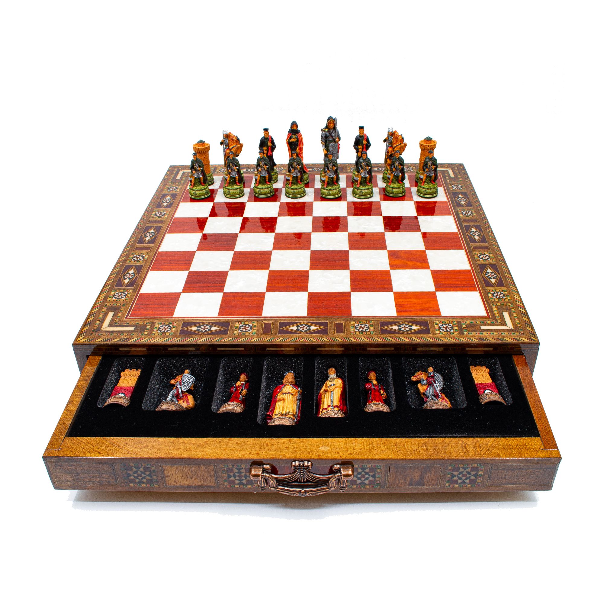 Hand Painted Chess Pieces Camelot and Chess Board with Drawer, Handmade Chess Board with Storage, Medieval Chess Pieces