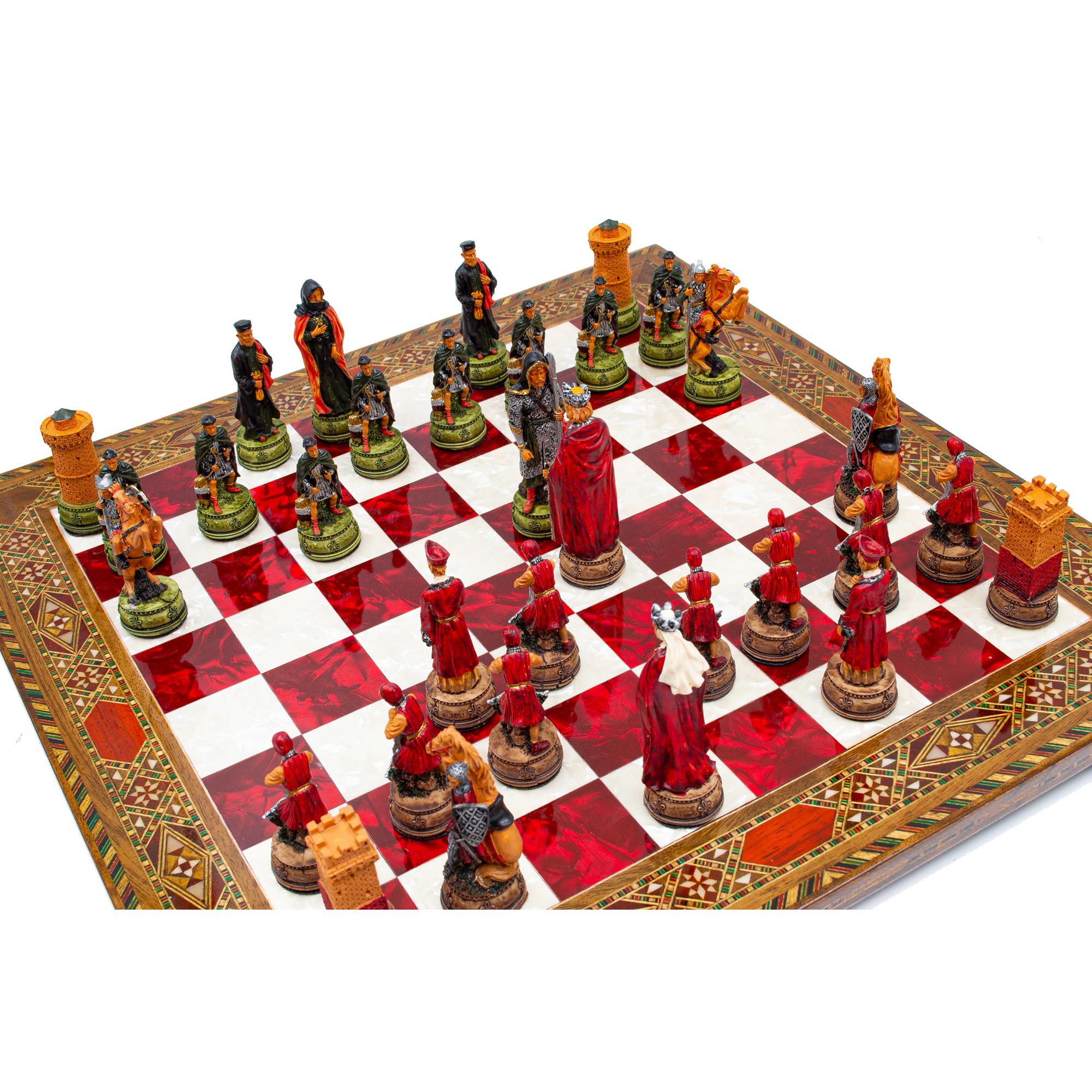 Hand Painted Chess Pieces Camelot and Mosaic Chess Board ,Engraved Chess Set, Handmade Chess Set